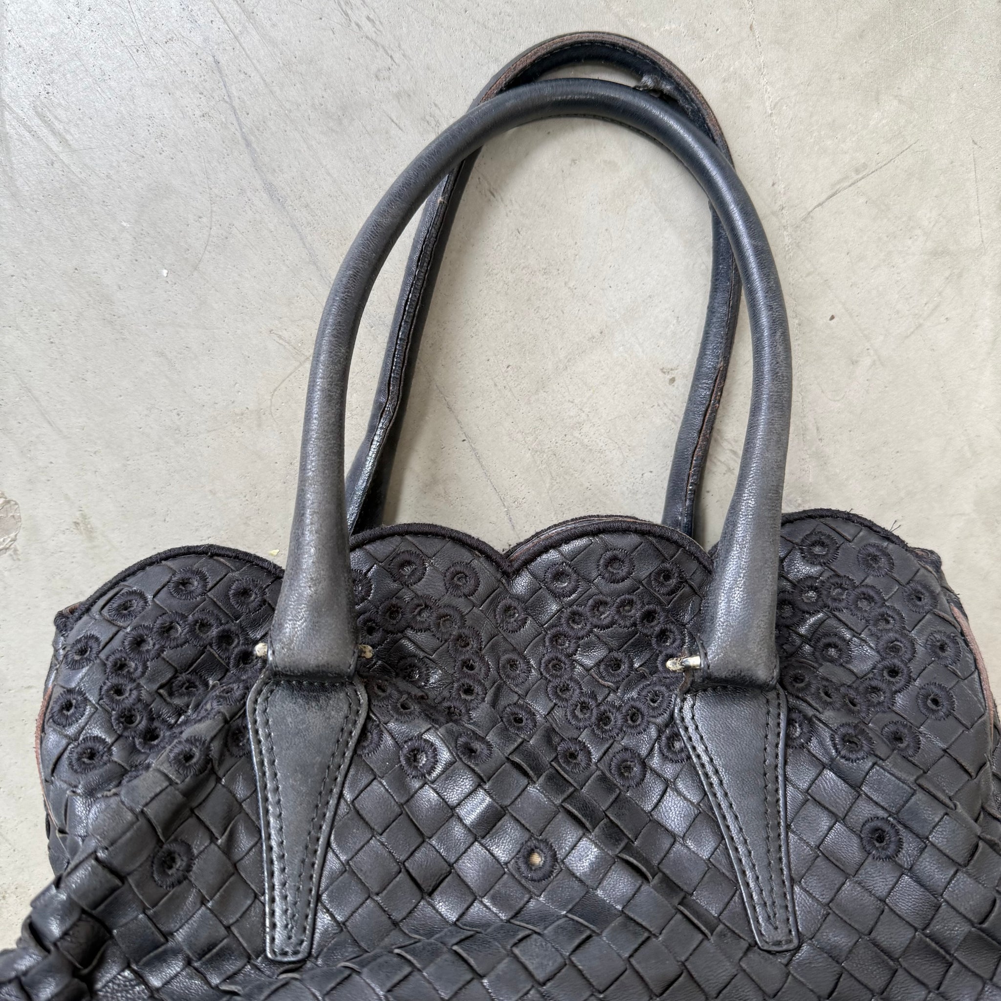 Bottega Veneta Black Flower Pattern Leather Shoulder Bag