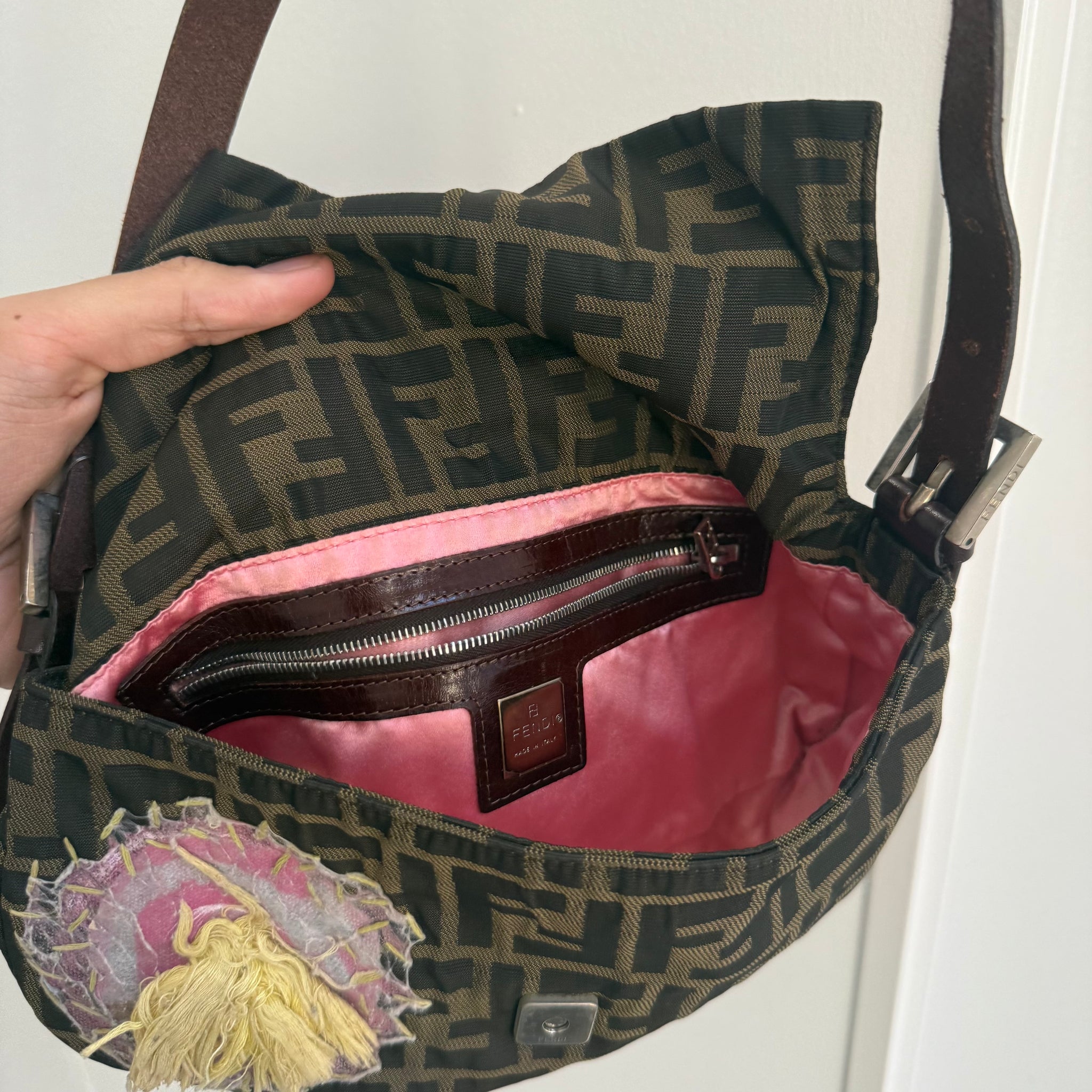 Fendi Baguette Brown Flower Applique Silver Hardware