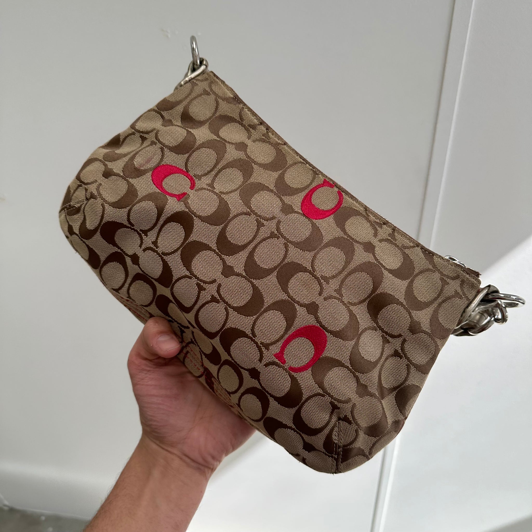 Coach Embroidered Signature Hand Bag Beige/Red