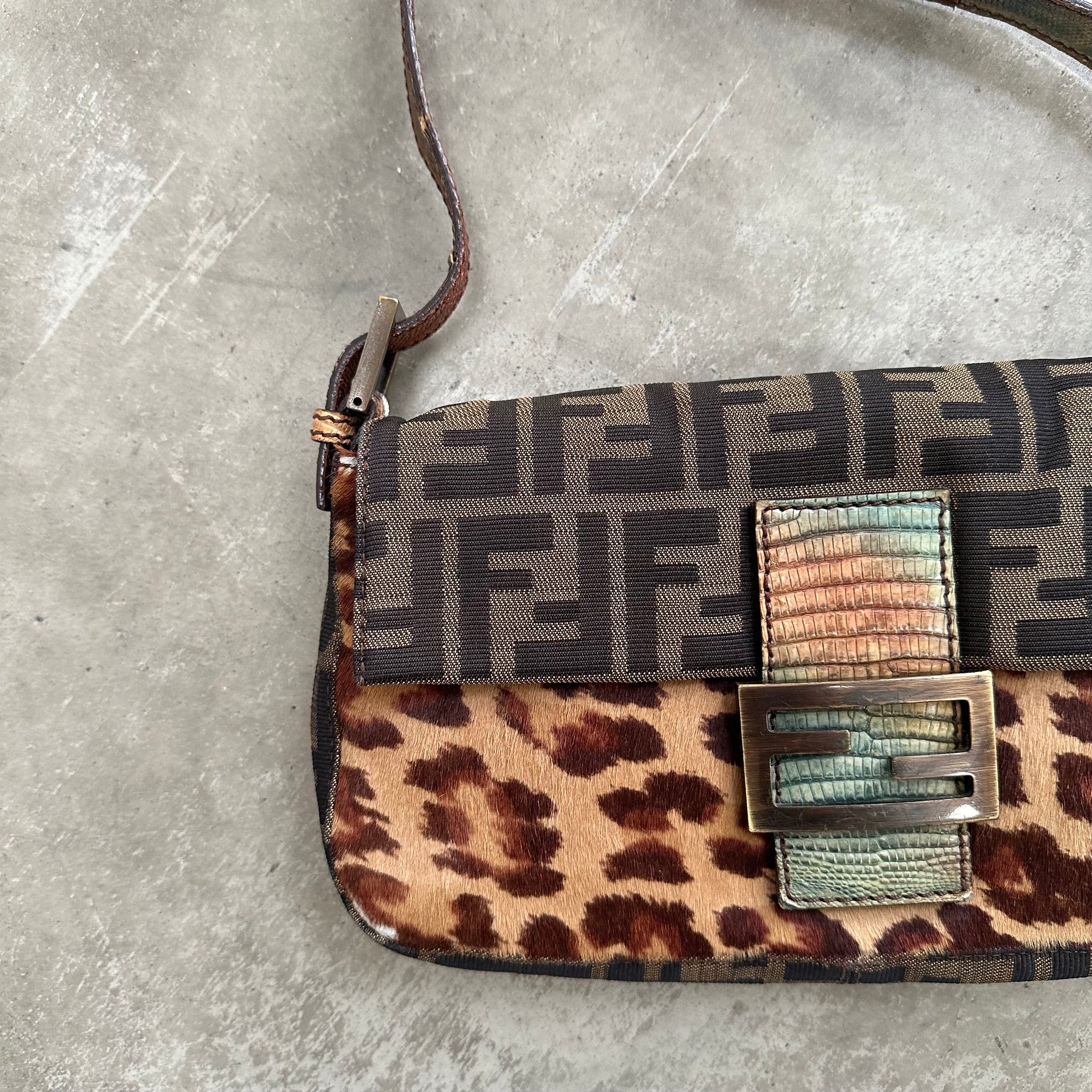 Fendi Leopard Zucca Baguette with Exotic Lizard Detailing