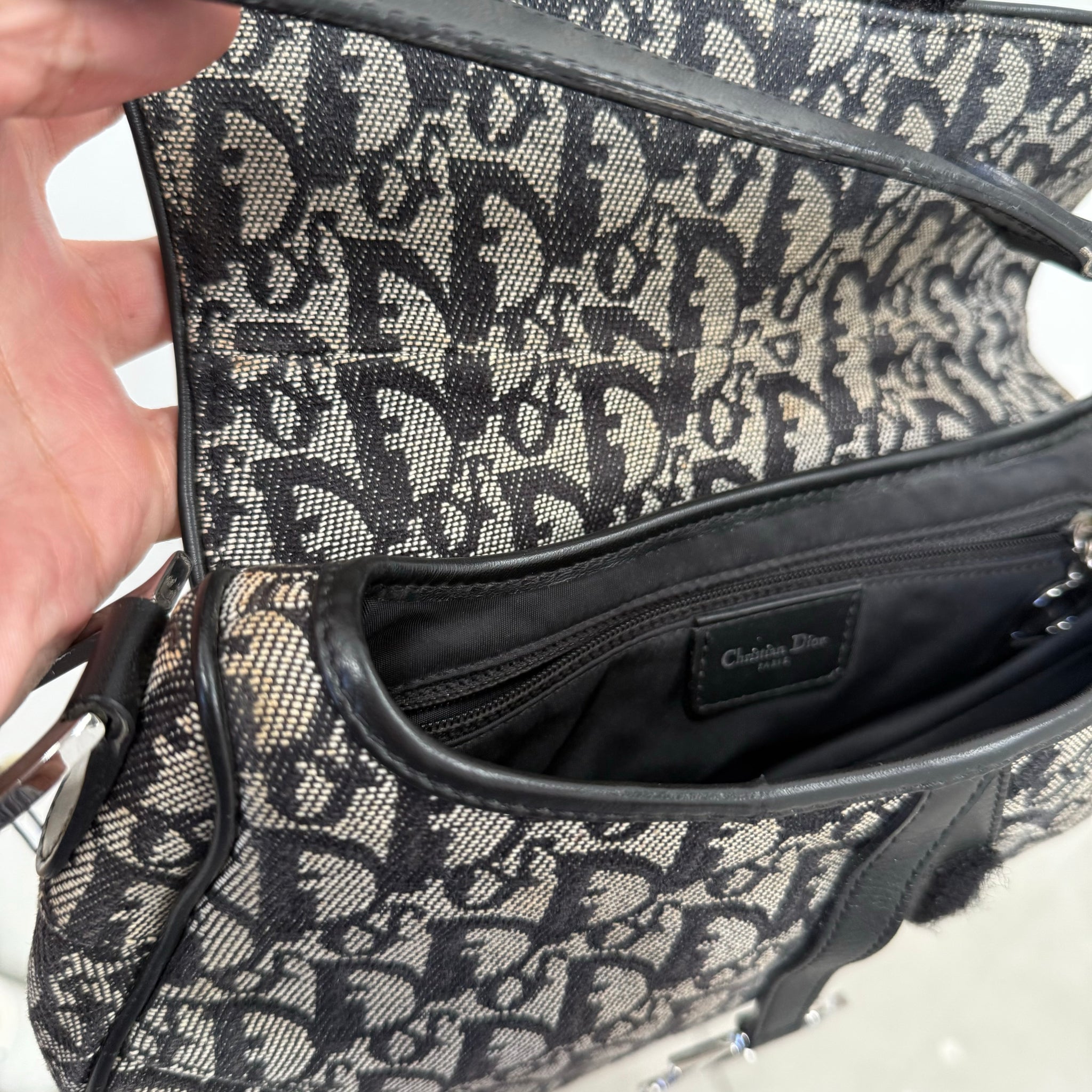 Dior Trotter Saddle Shoulder Bag Canvas Leather Navy Silver Hardware (2005)