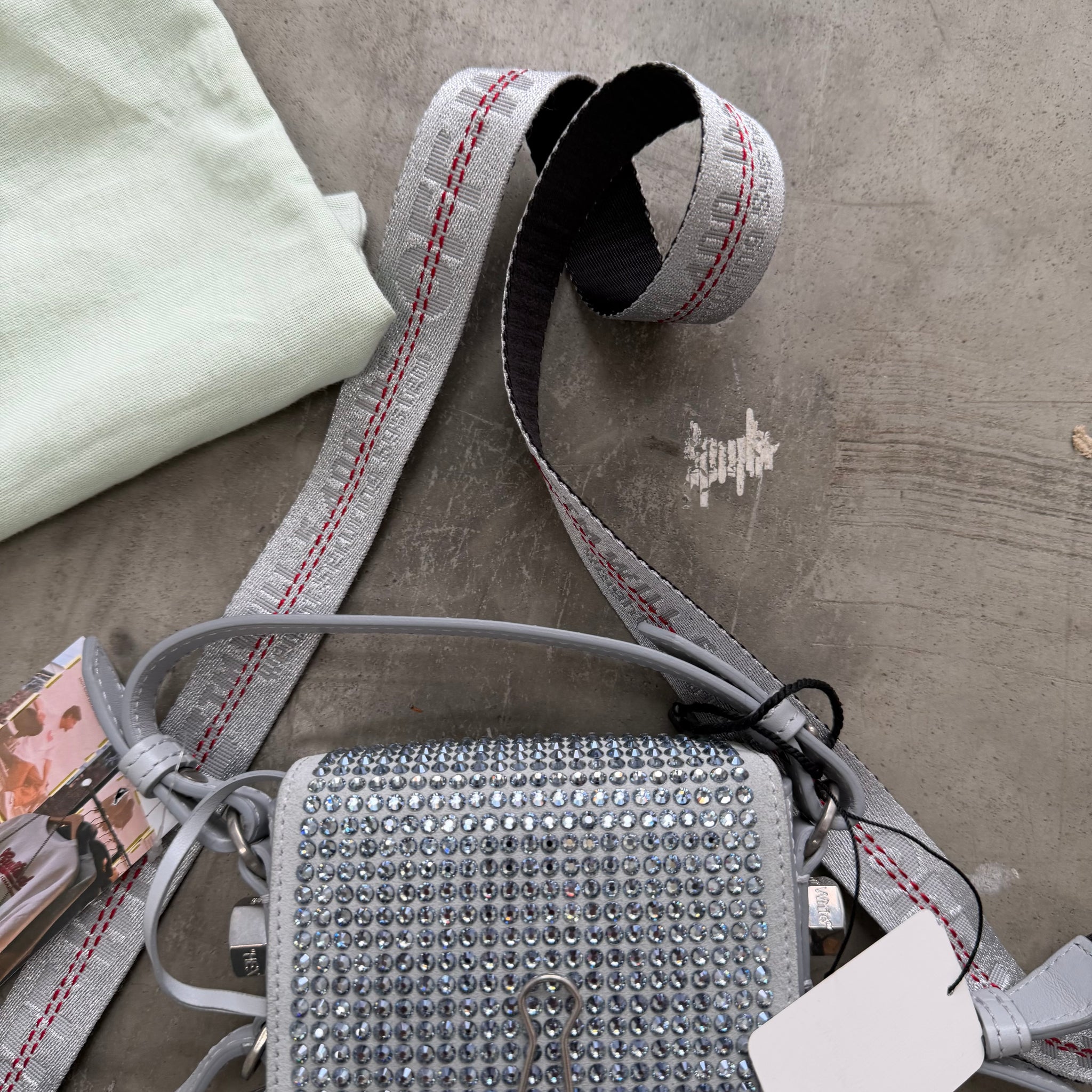 Off White Baby Binder Clip Grey Crystal Bag