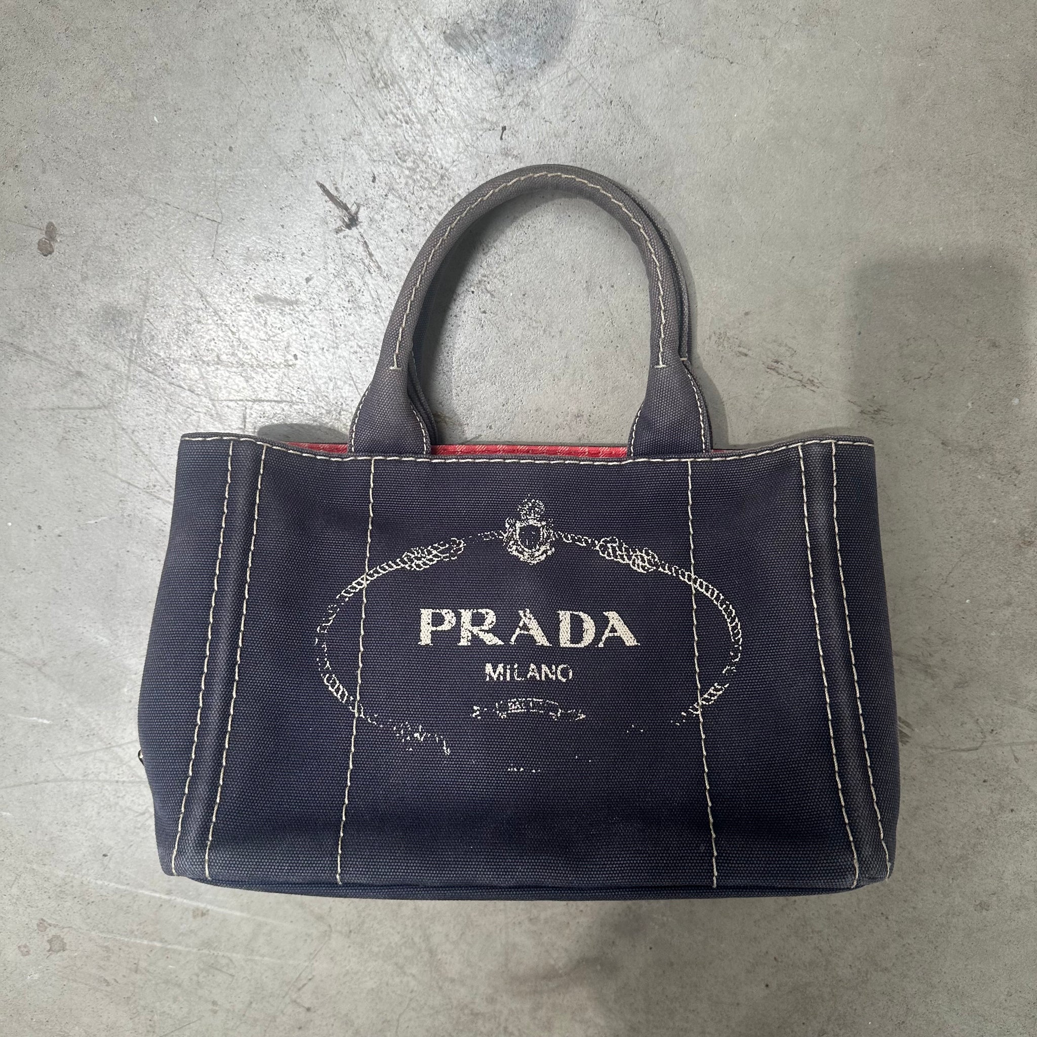 Prada Canapa Tote Bag Navy/Checkered Interior