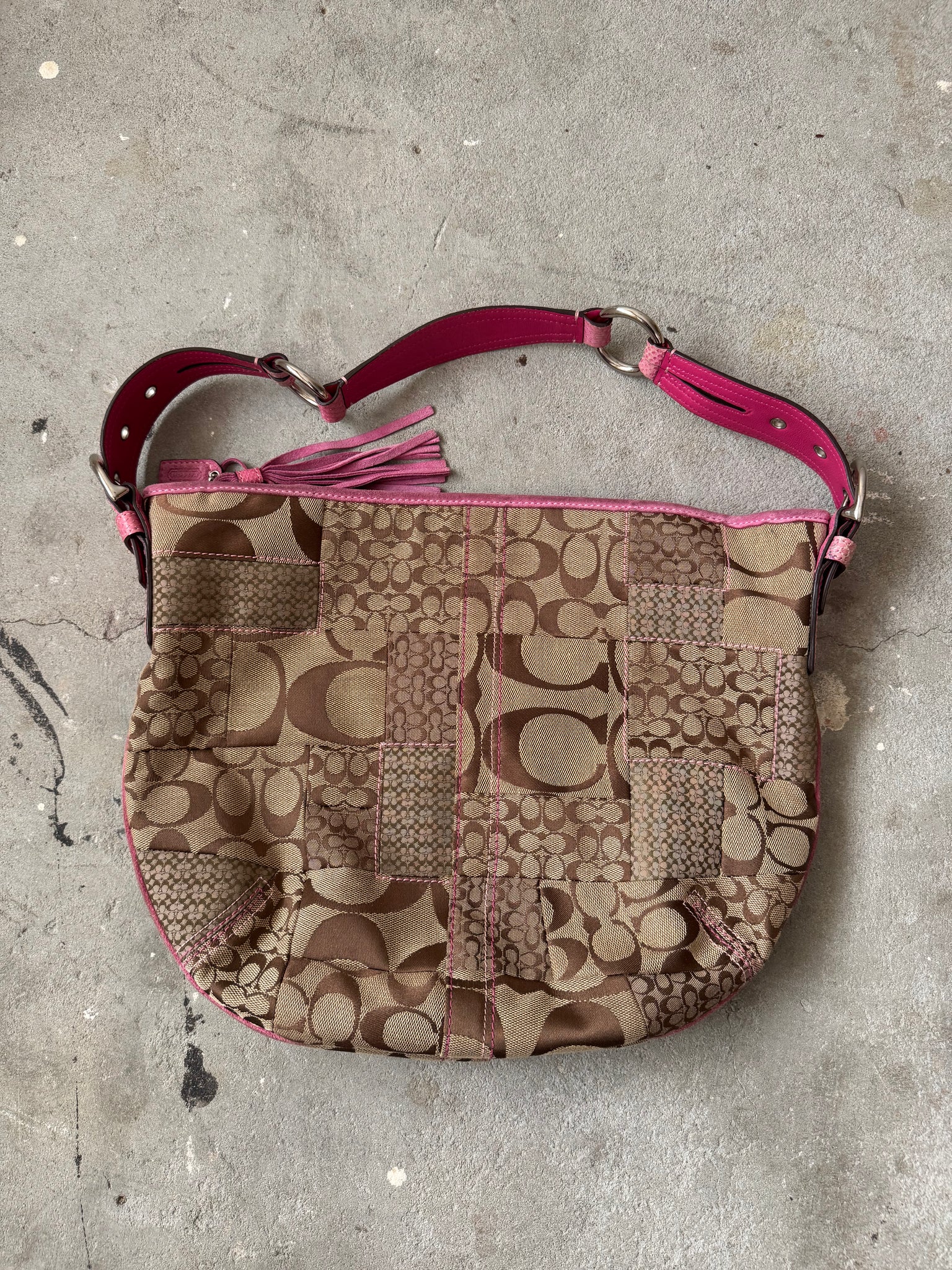Coach Signature PatchWork Snakeskin Shoulder Bag Beige/Pink