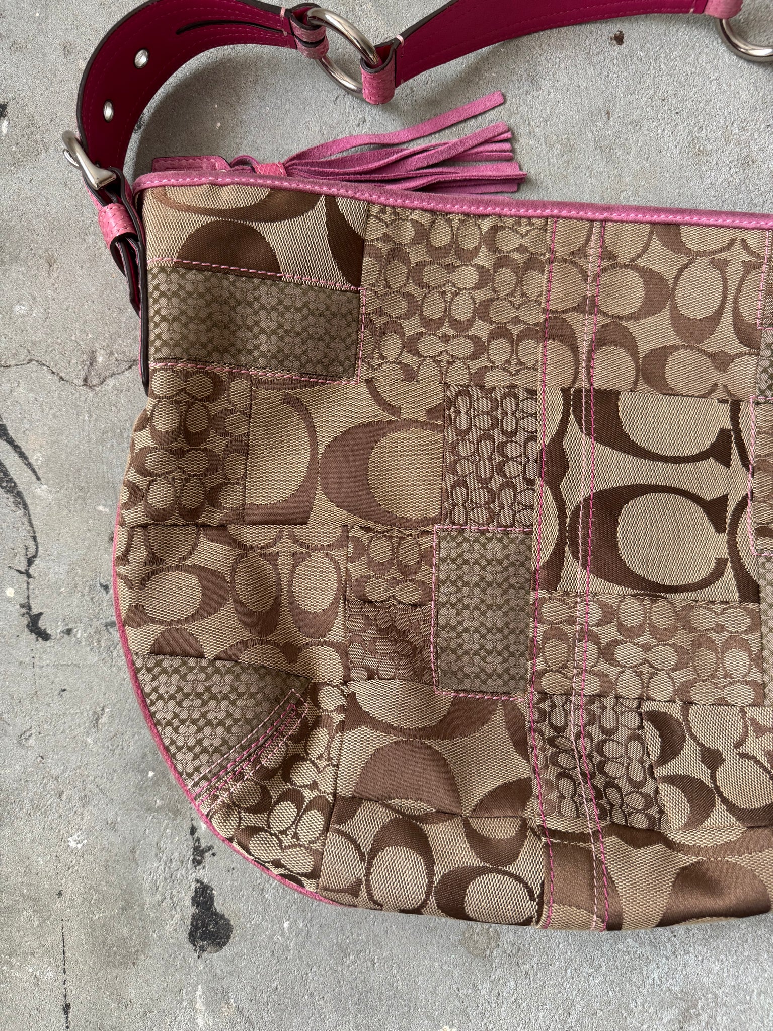 Coach Signature PatchWork Snakeskin Shoulder Bag Beige/Pink