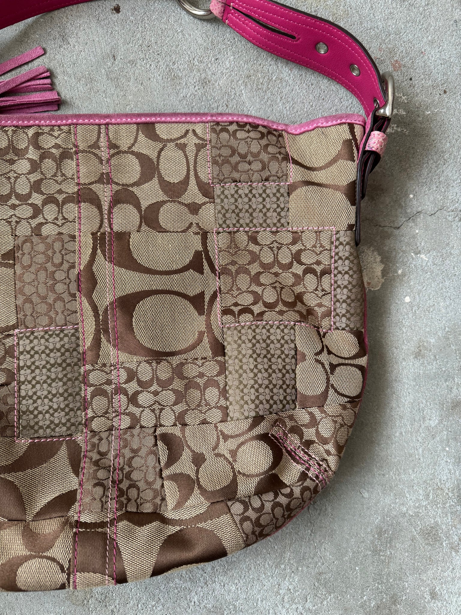 Coach Signature PatchWork Snakeskin Shoulder Bag Beige/Pink