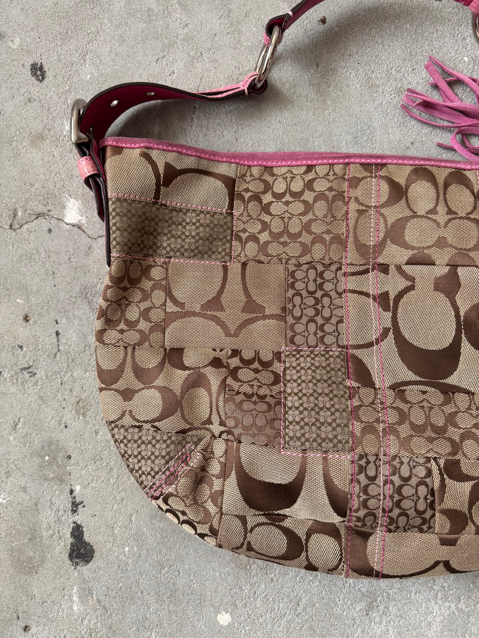 Coach Signature PatchWork Snakeskin Shoulder Bag Beige/Pink