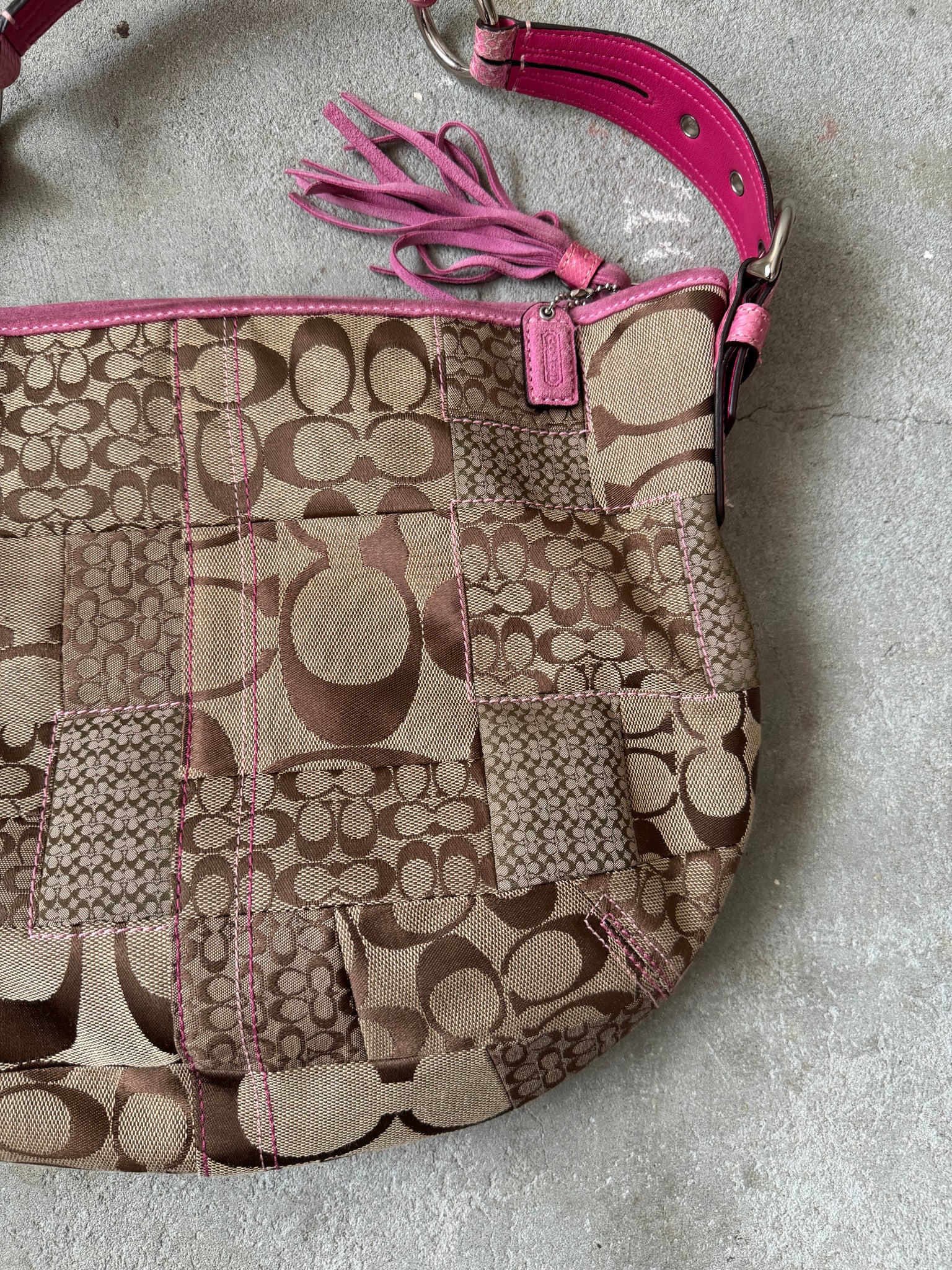 Coach Signature PatchWork Snakeskin Shoulder Bag Beige/Pink