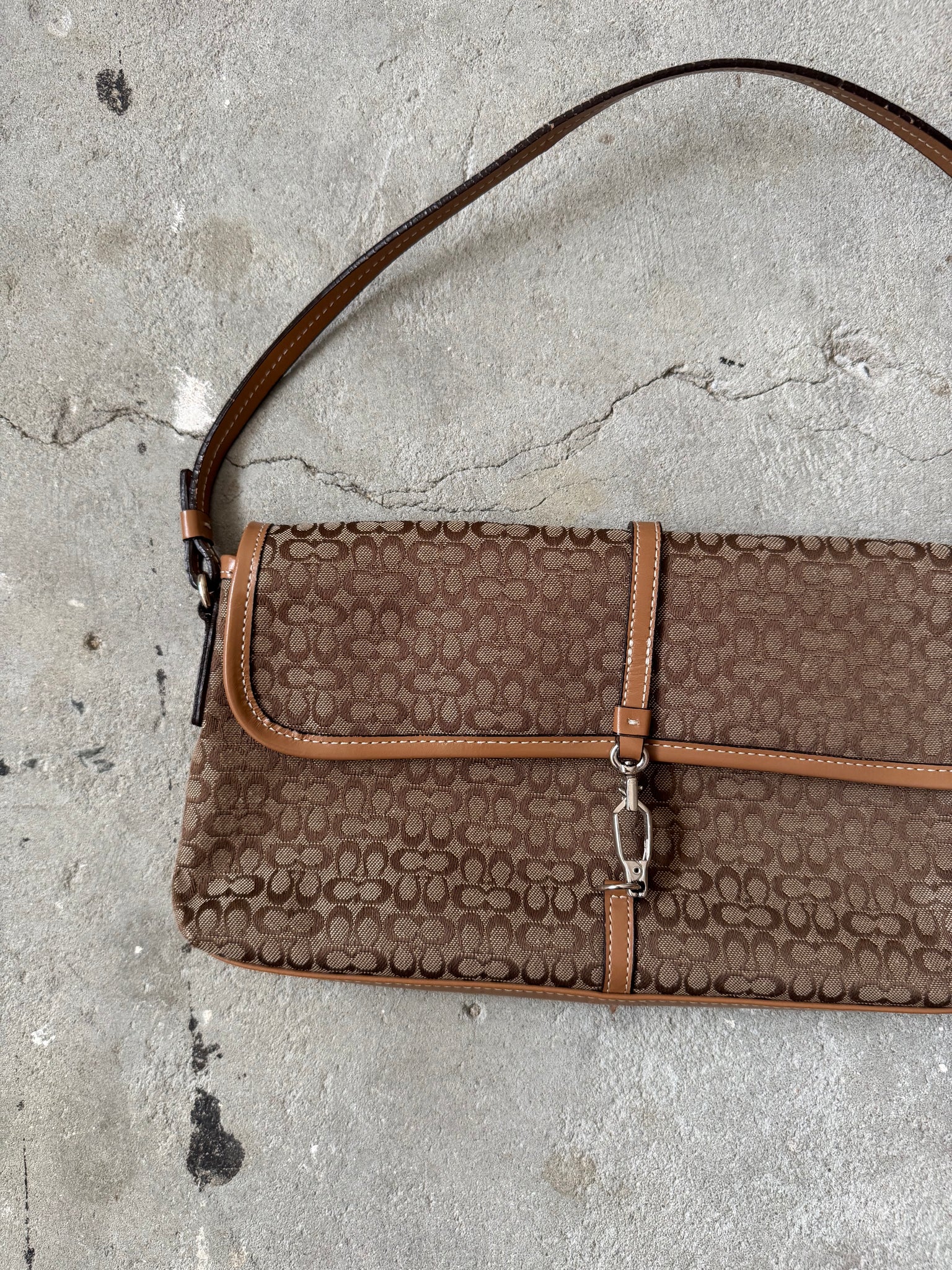 Coach Monogram Demi Clip Baguette Shoulder Bag Brown