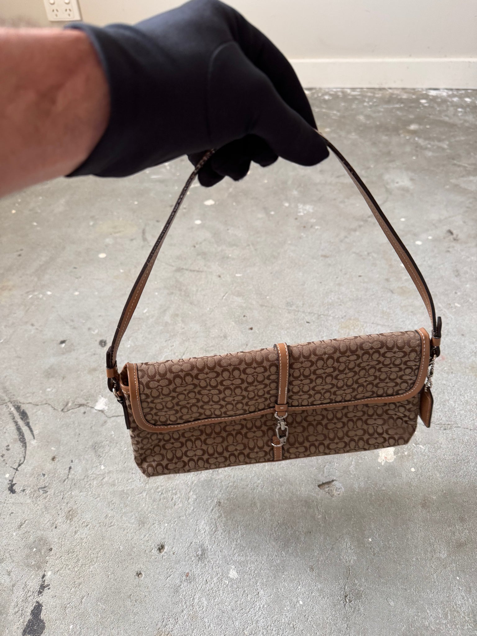 Coach Monogram Demi Clip Baguette Shoulder Bag Brown