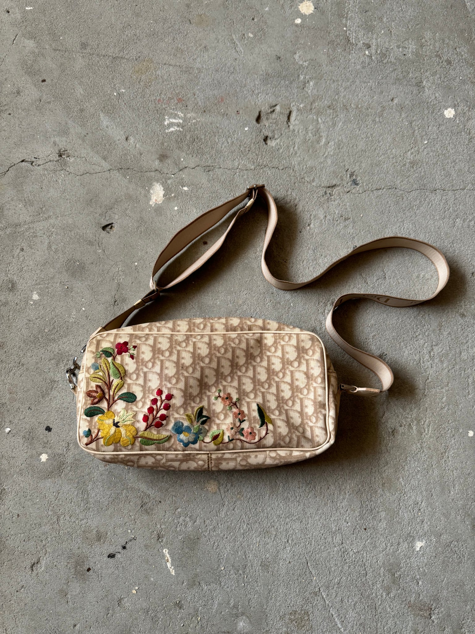 Dior Trotter Oblique Floral Embroidered CrossBody Bag Beige