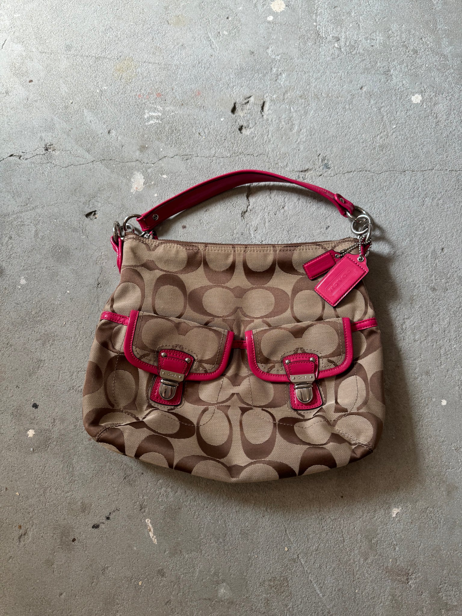 Coach 2Way Signature Pocket Hobo Daisy Shoulder Bag Beige/Pink