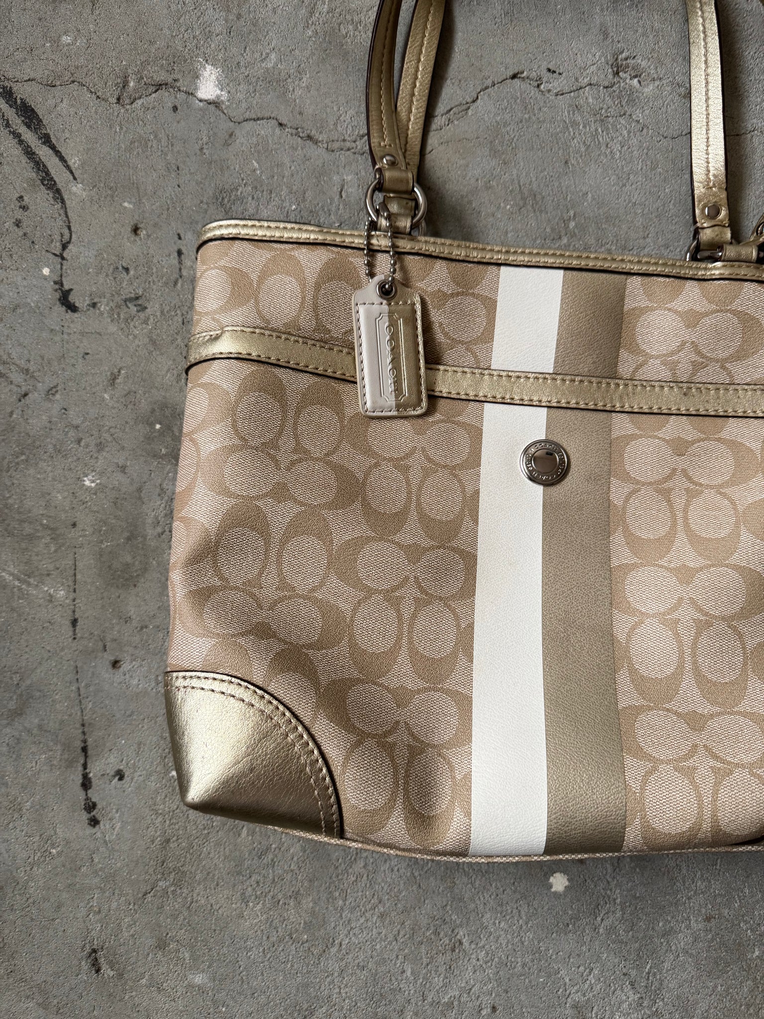 Coach Signature Stripe Tote Bag Beige/Gold