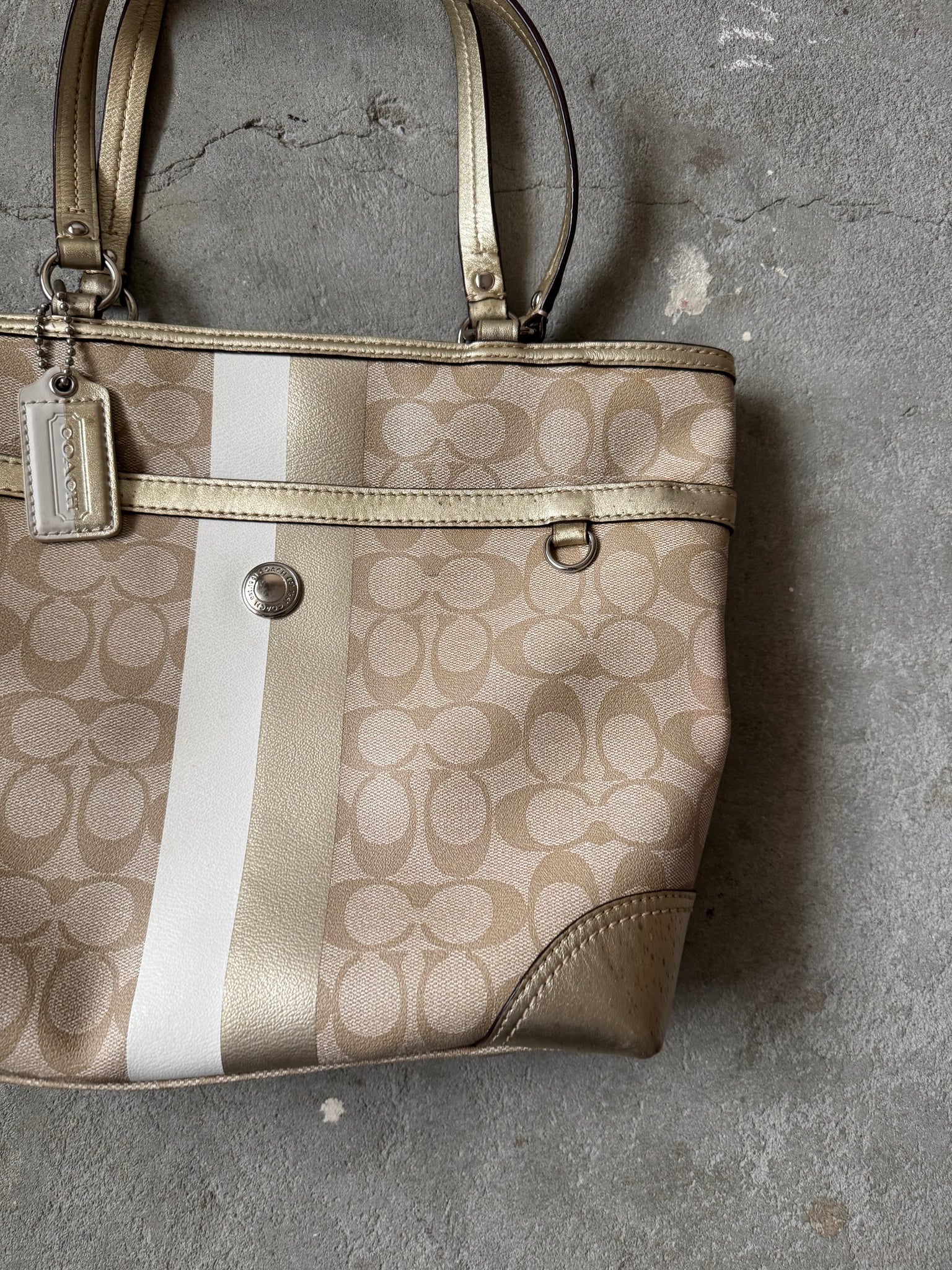 Coach Signature Stripe Tote Bag Beige/Gold