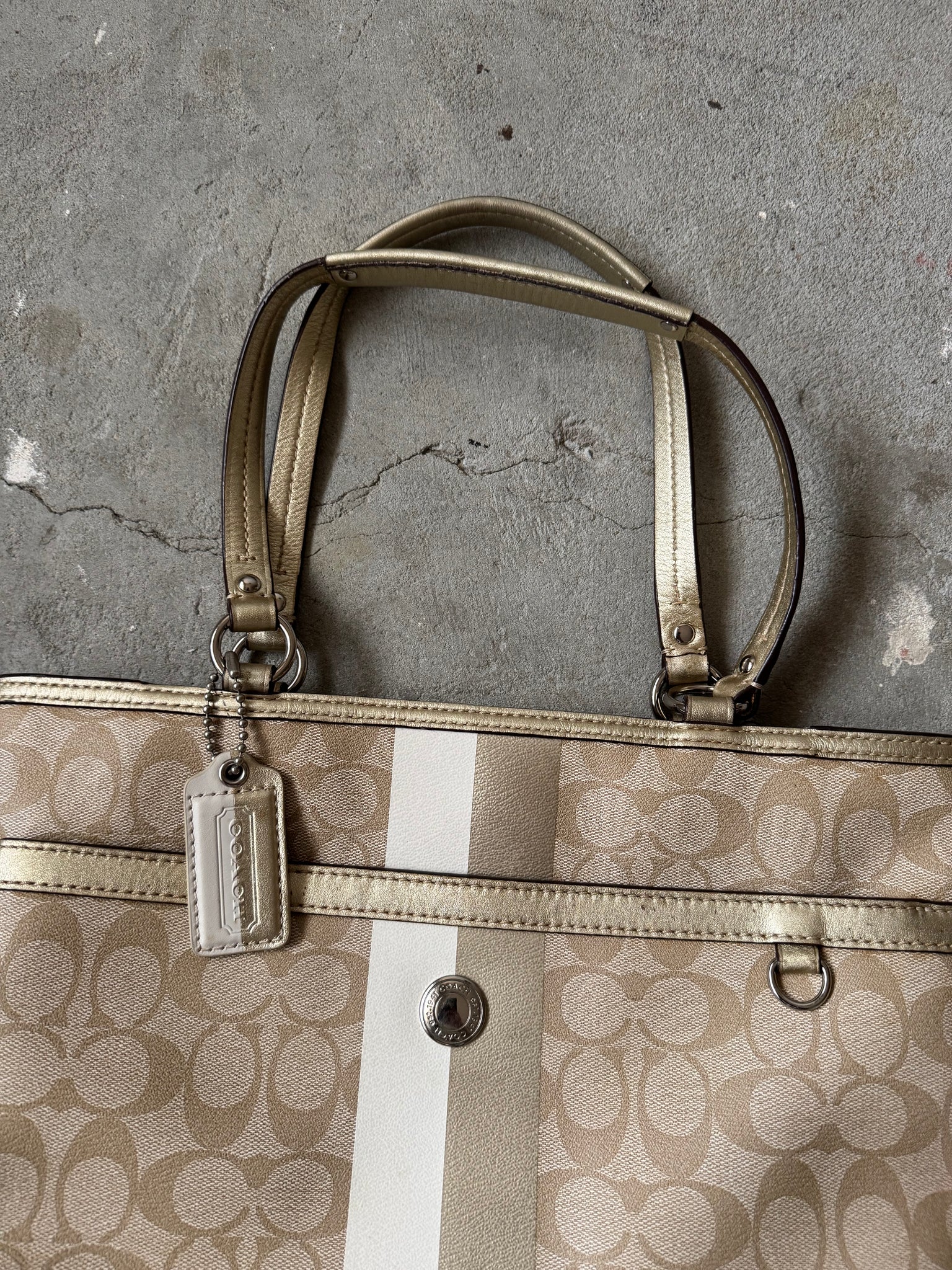 Coach Signature Stripe Tote Bag Beige/Gold