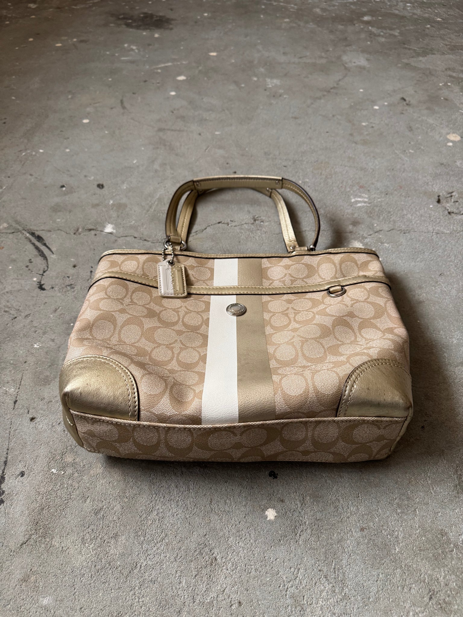 Coach Signature Stripe Tote Bag Beige/Gold