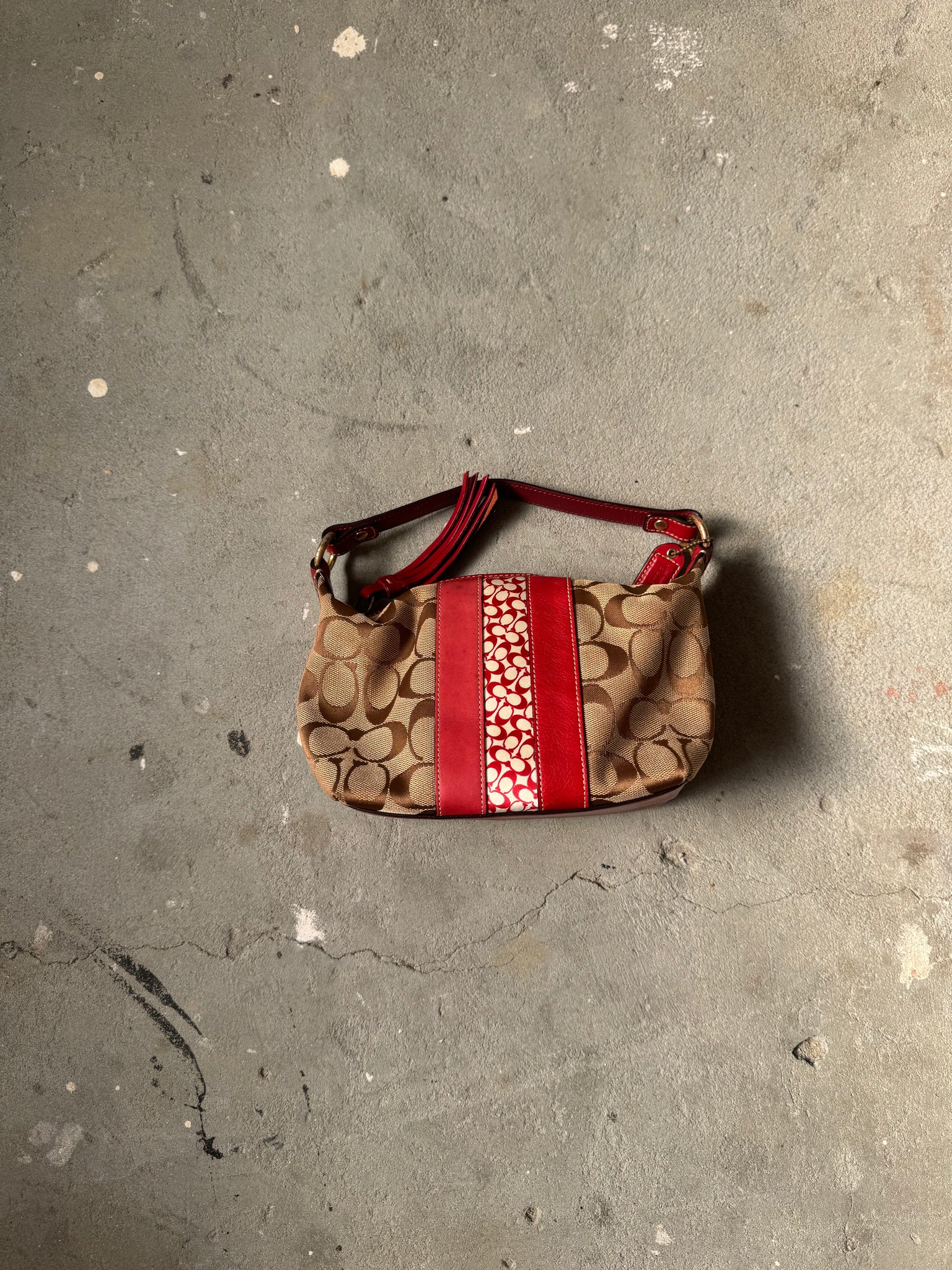 Coach Signature Mini Hobo Stripped Shoulder Bag Beige/Red