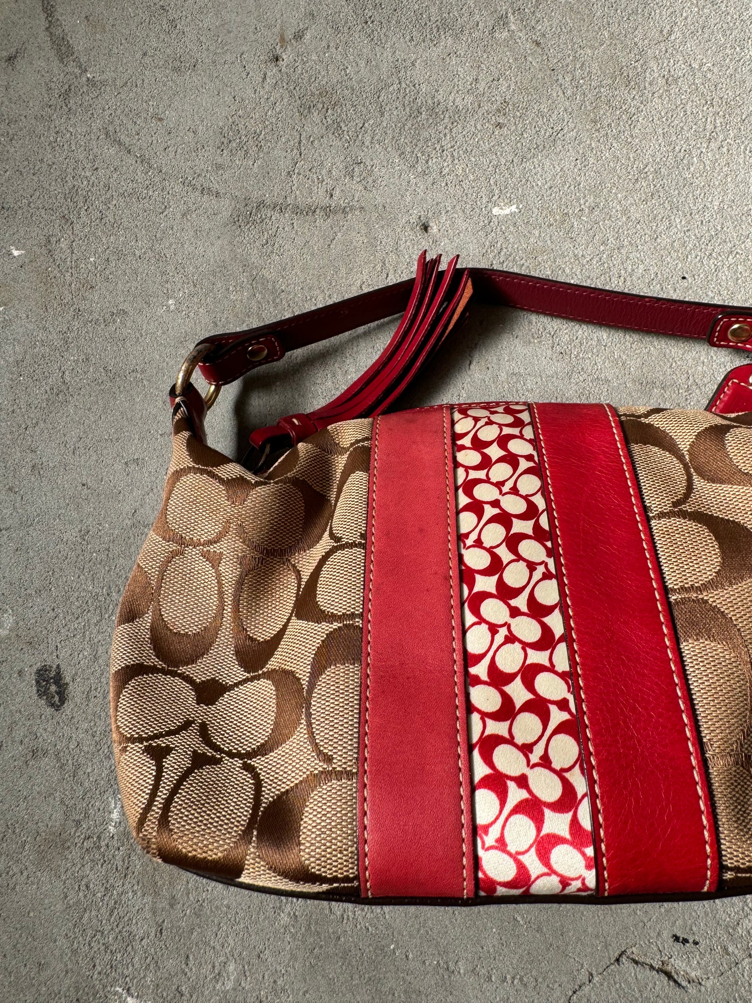 Coach Signature Mini Hobo Stripped Shoulder Bag Beige/Red