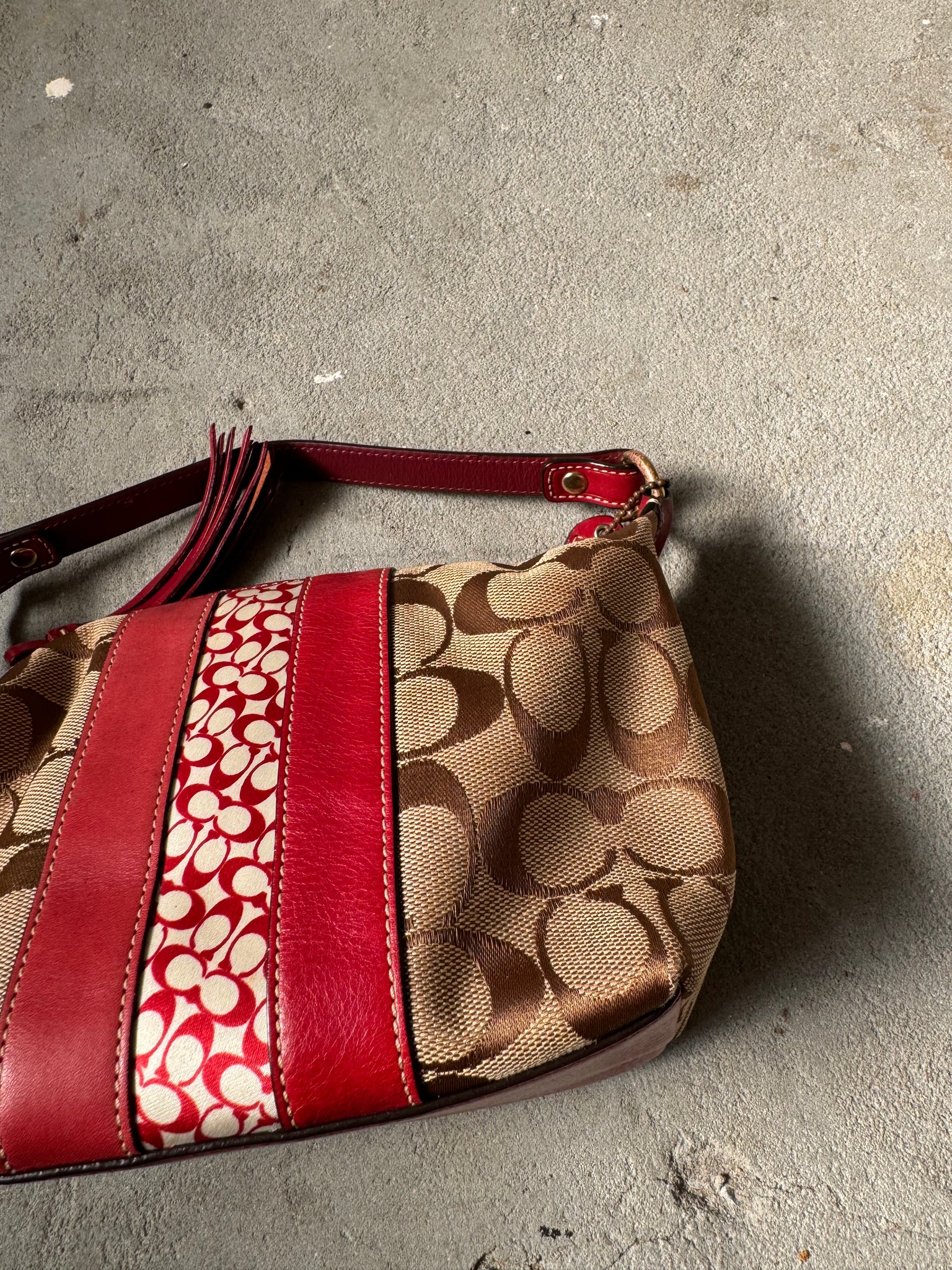 Coach Signature Mini Hobo Stripped Shoulder Bag Beige/Red