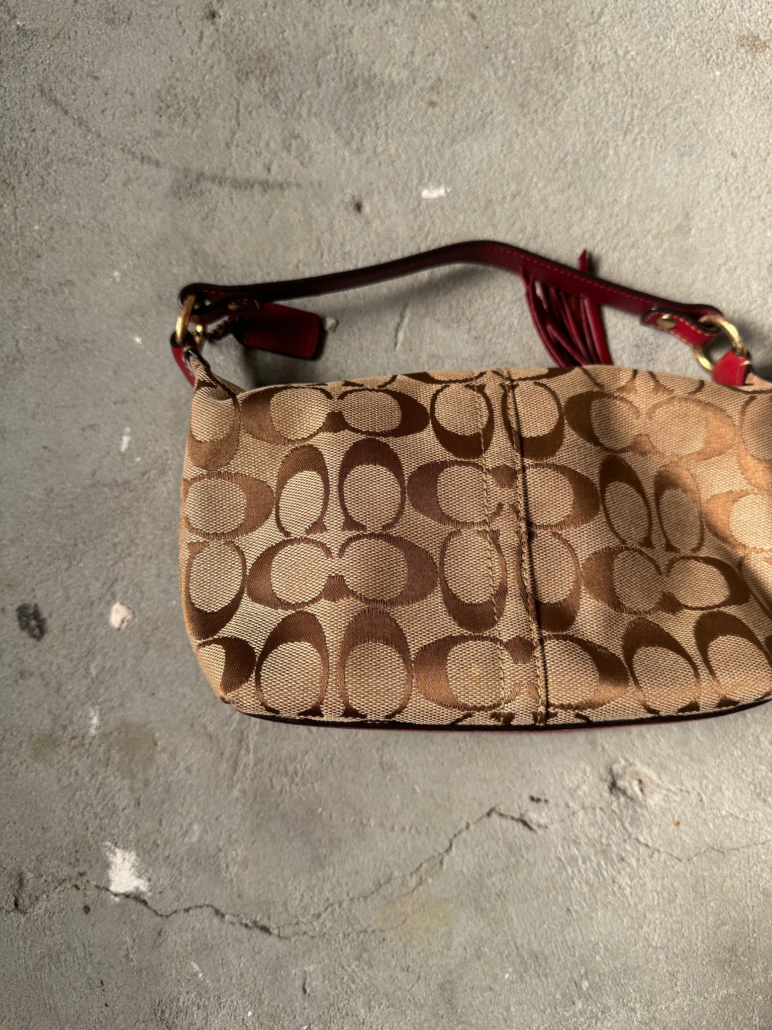 Coach Signature Mini Hobo Stripped Shoulder Bag Beige/Red