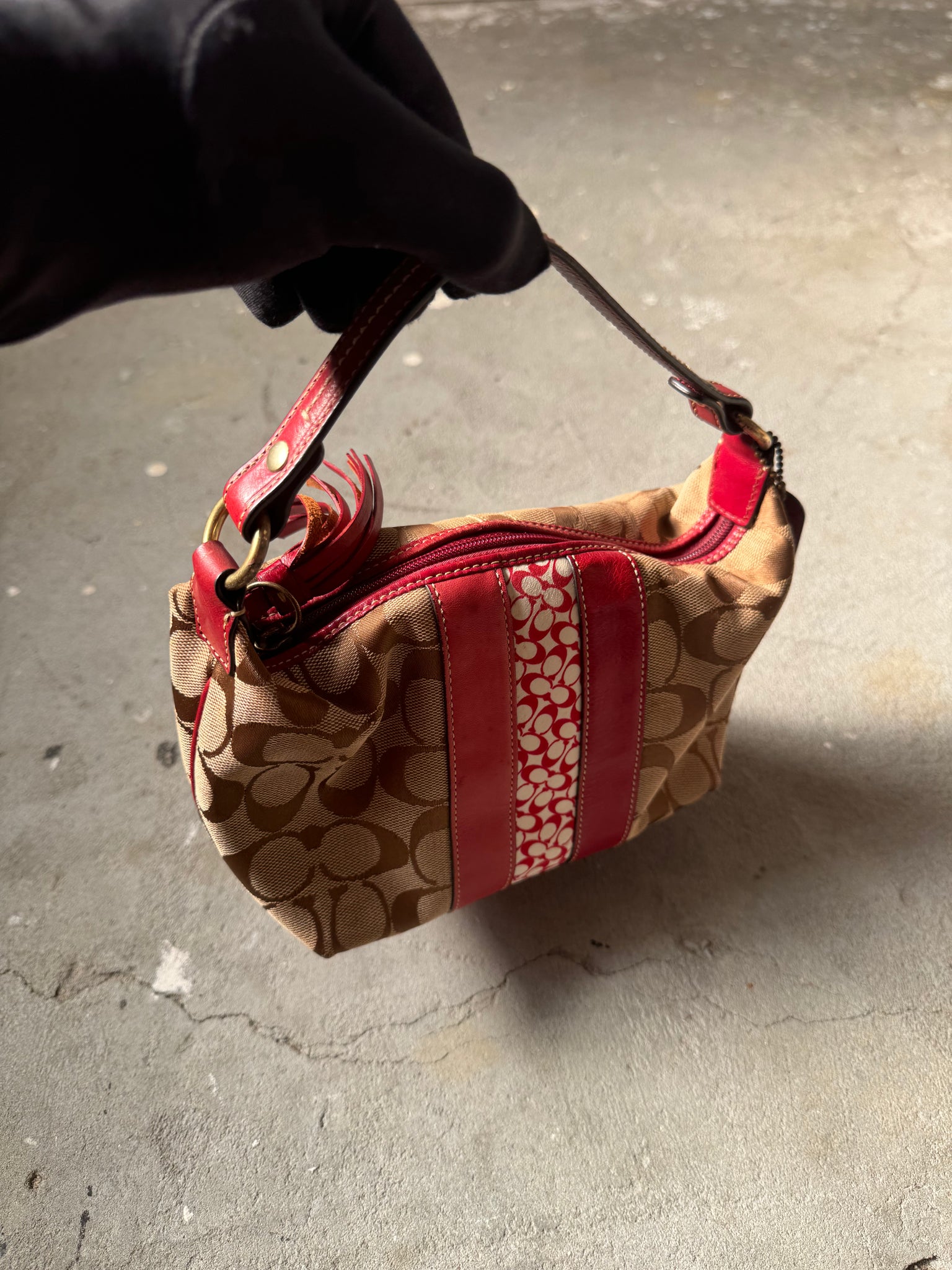 Coach Signature Mini Hobo Stripped Shoulder Bag Beige/Red