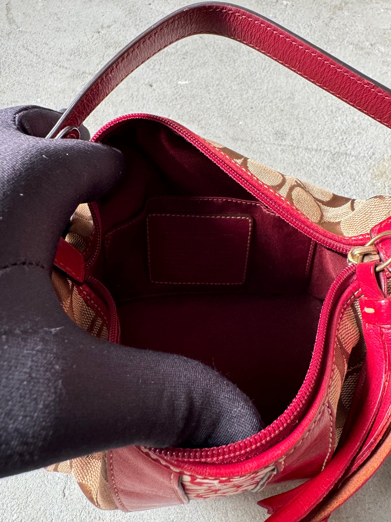Coach Signature Mini Hobo Stripped Shoulder Bag Beige/Red