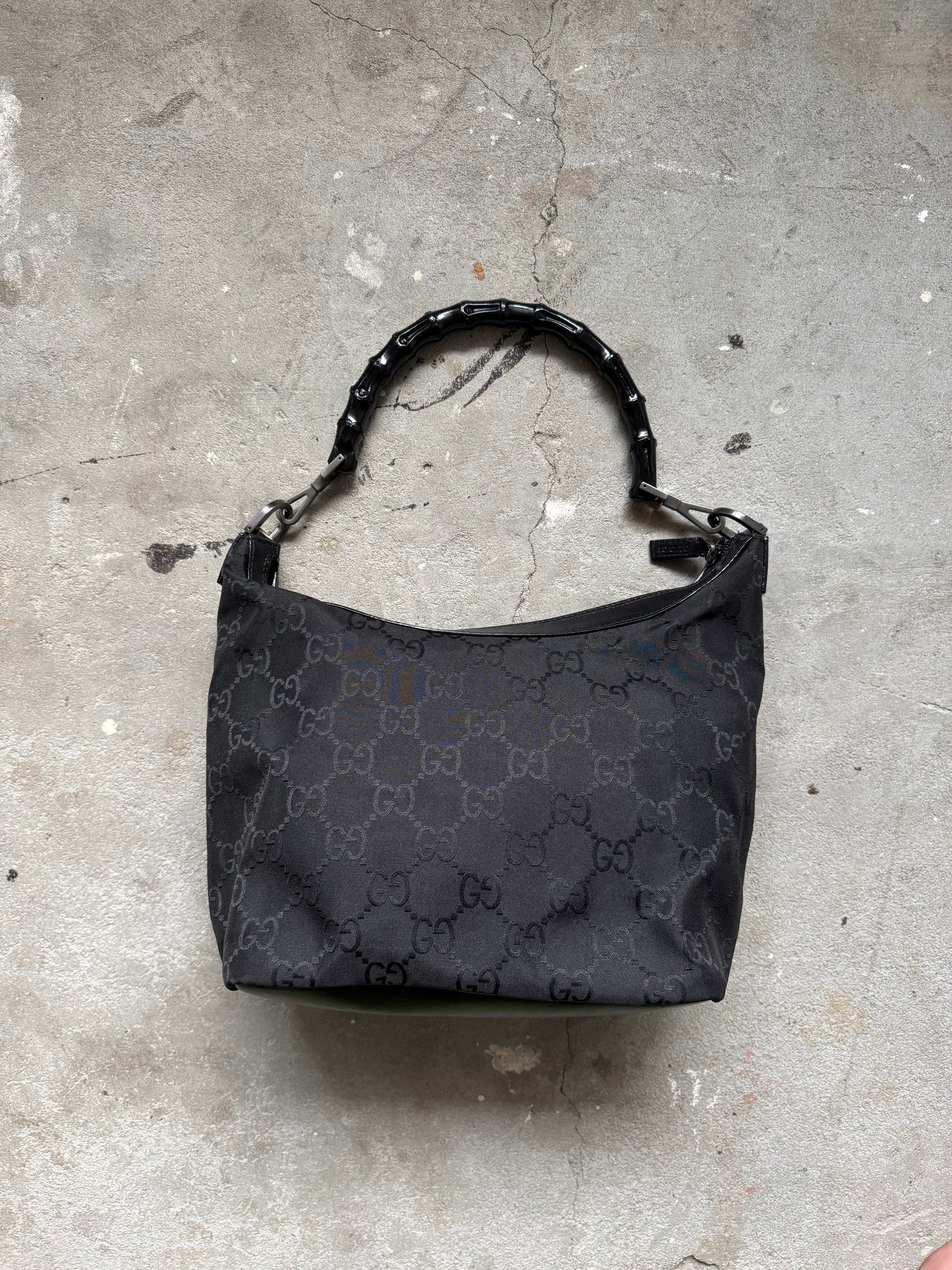 Gucci GG Monogram Bamboo Nylon Shoulder Bag Black