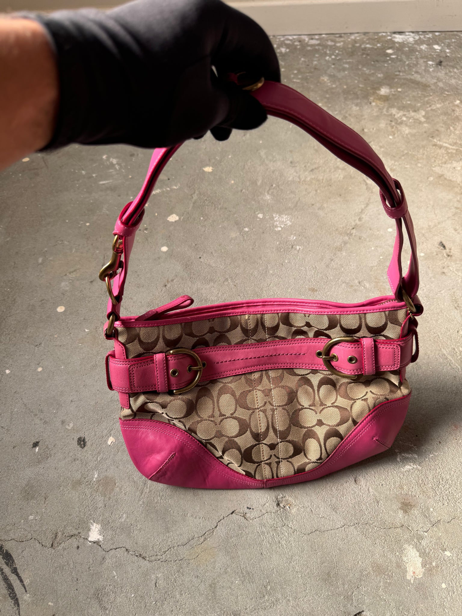 Coach 2Way Signature Sufflette Shoulder Bag Beige/Pink