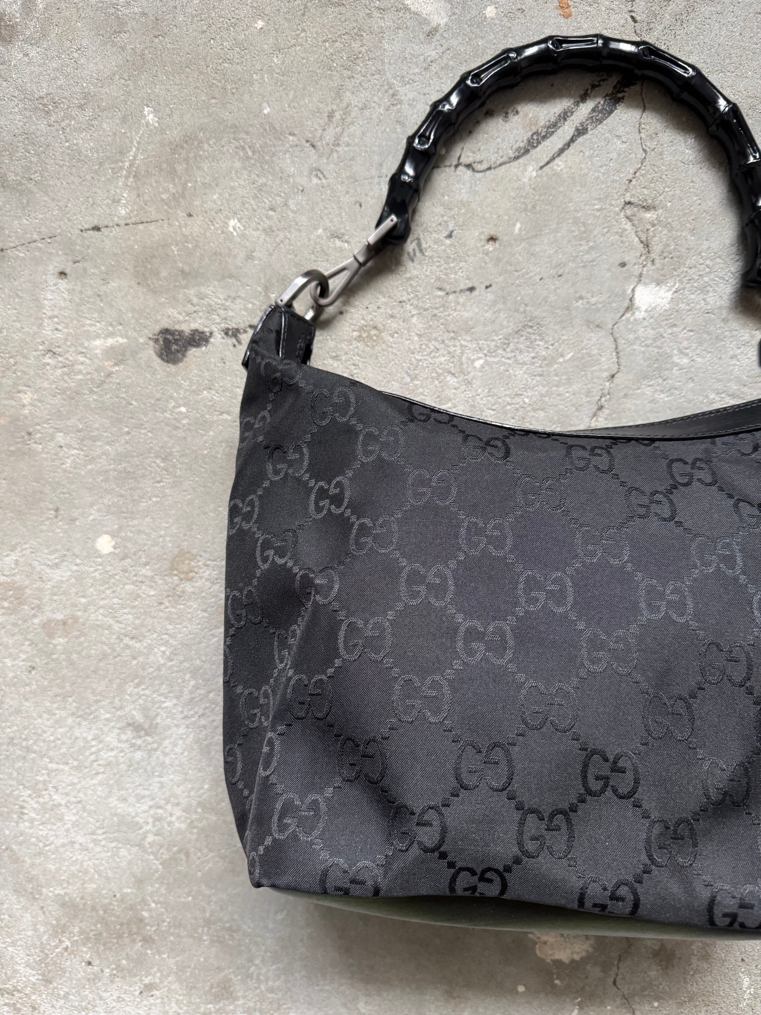 Gucci GG Monogram Bamboo Nylon Shoulder Bag Black
