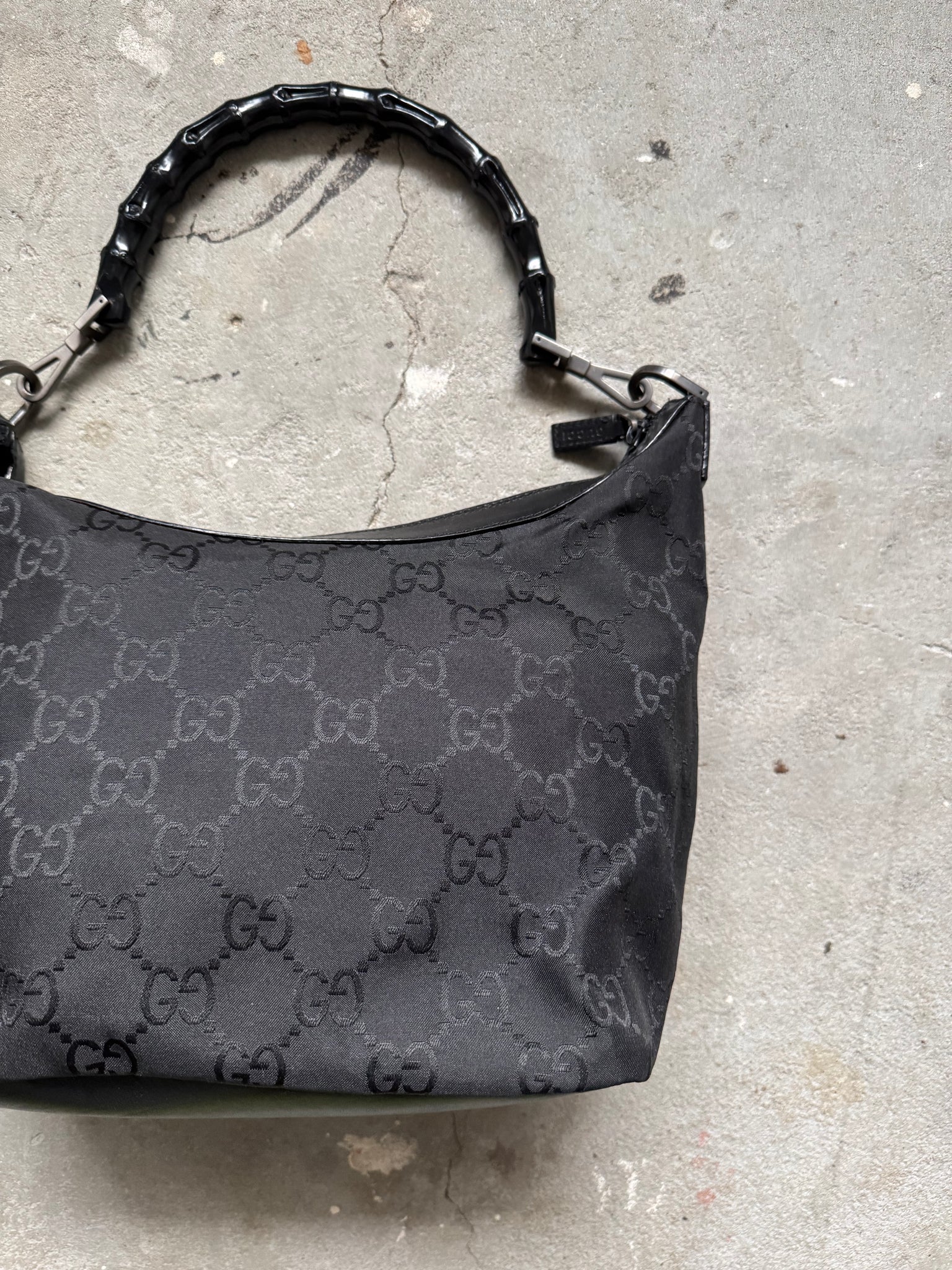 Gucci GG Monogram Bamboo Nylon Shoulder Bag Black