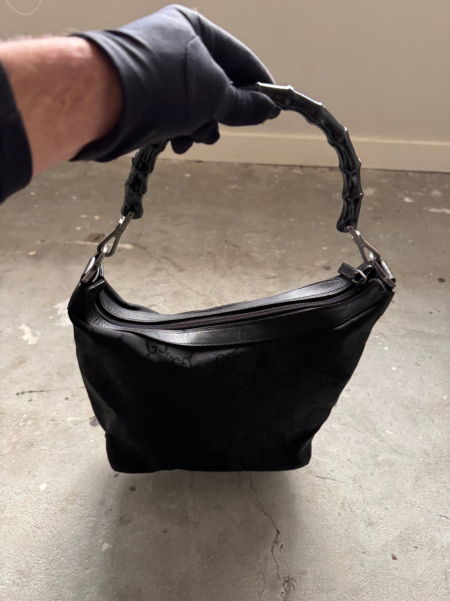 Gucci GG Monogram Bamboo Nylon Shoulder Bag Black