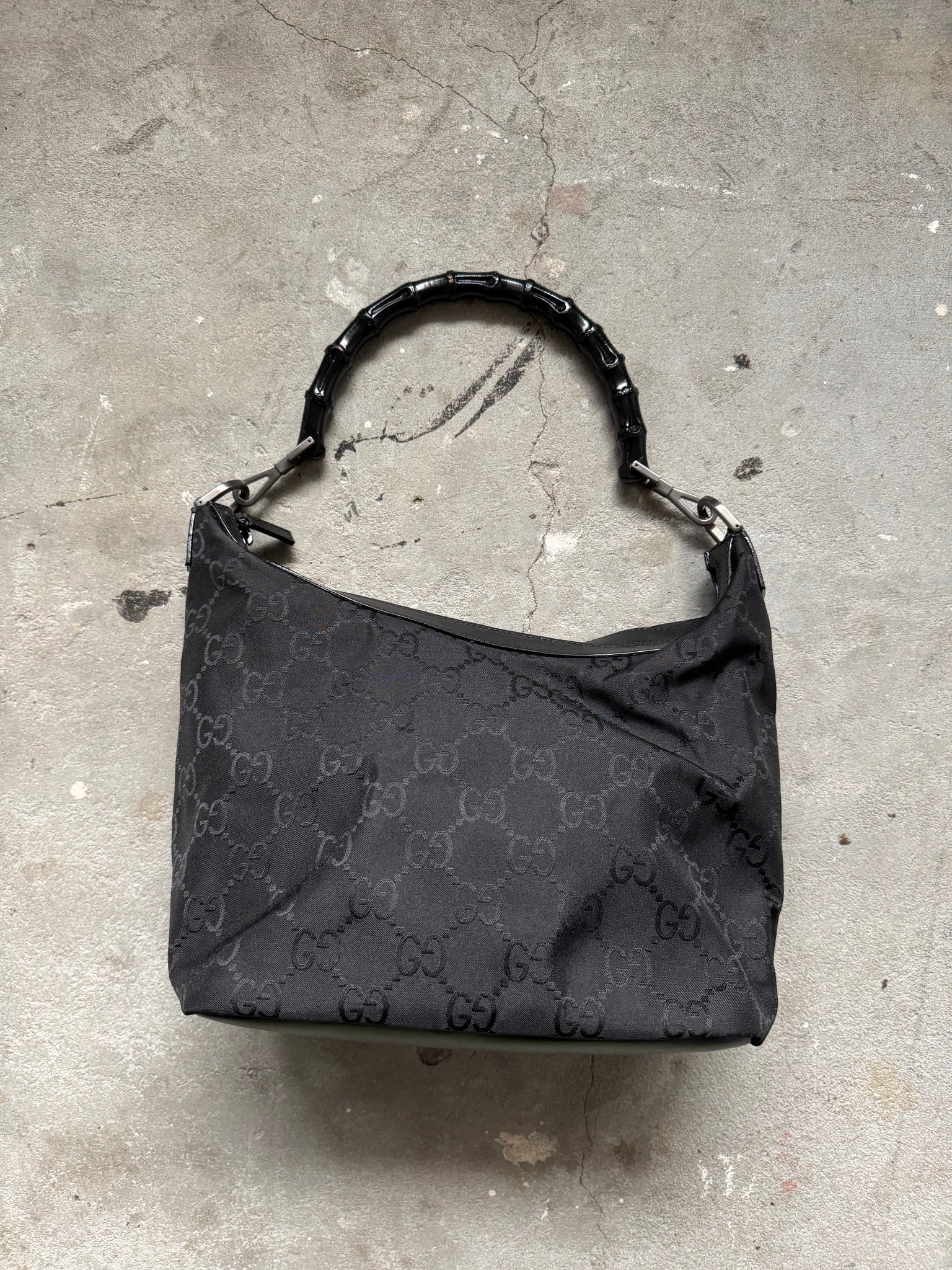 Gucci GG Monogram Bamboo Nylon Shoulder Bag Black