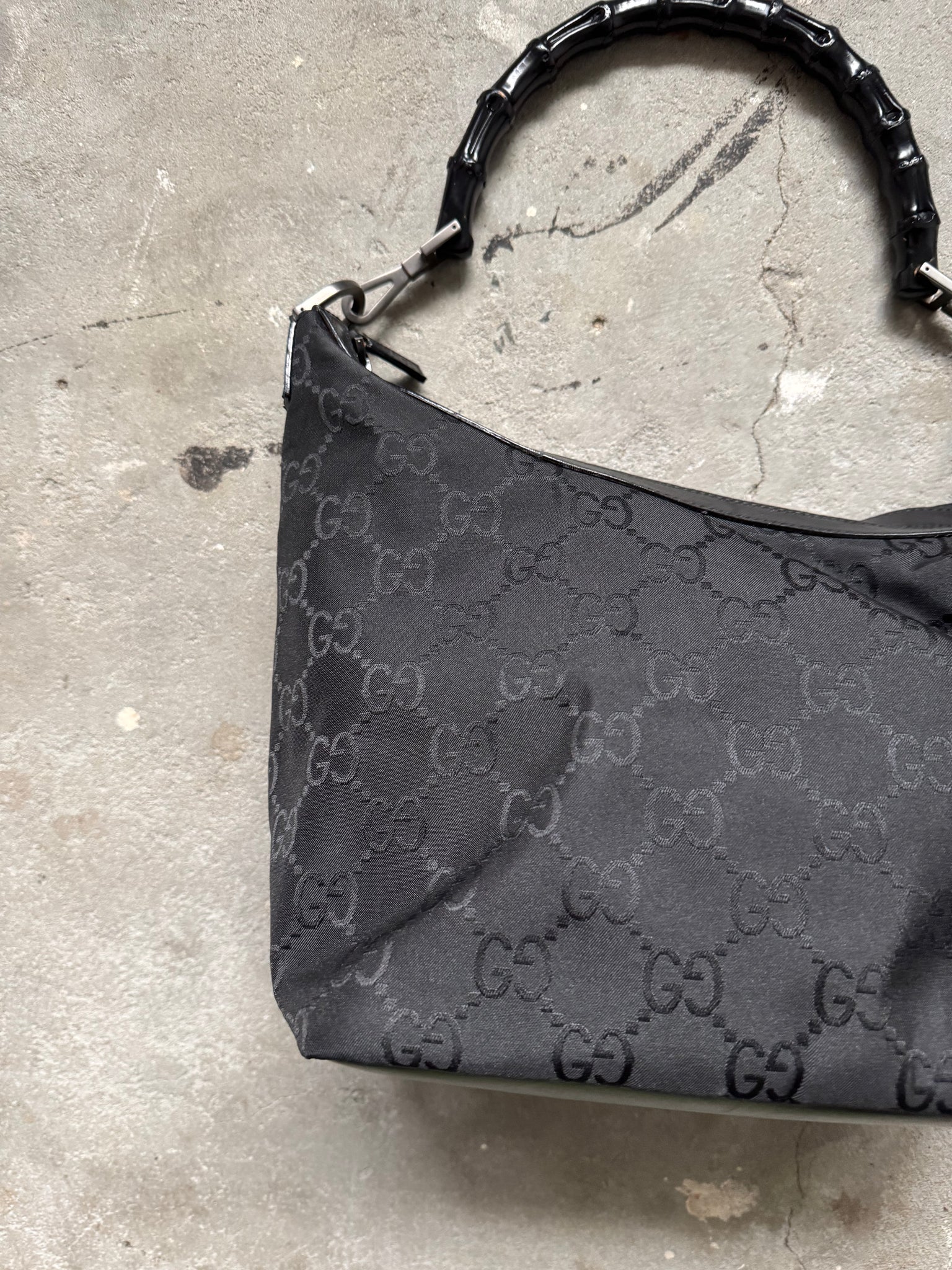 Gucci GG Monogram Bamboo Nylon Shoulder Bag Black