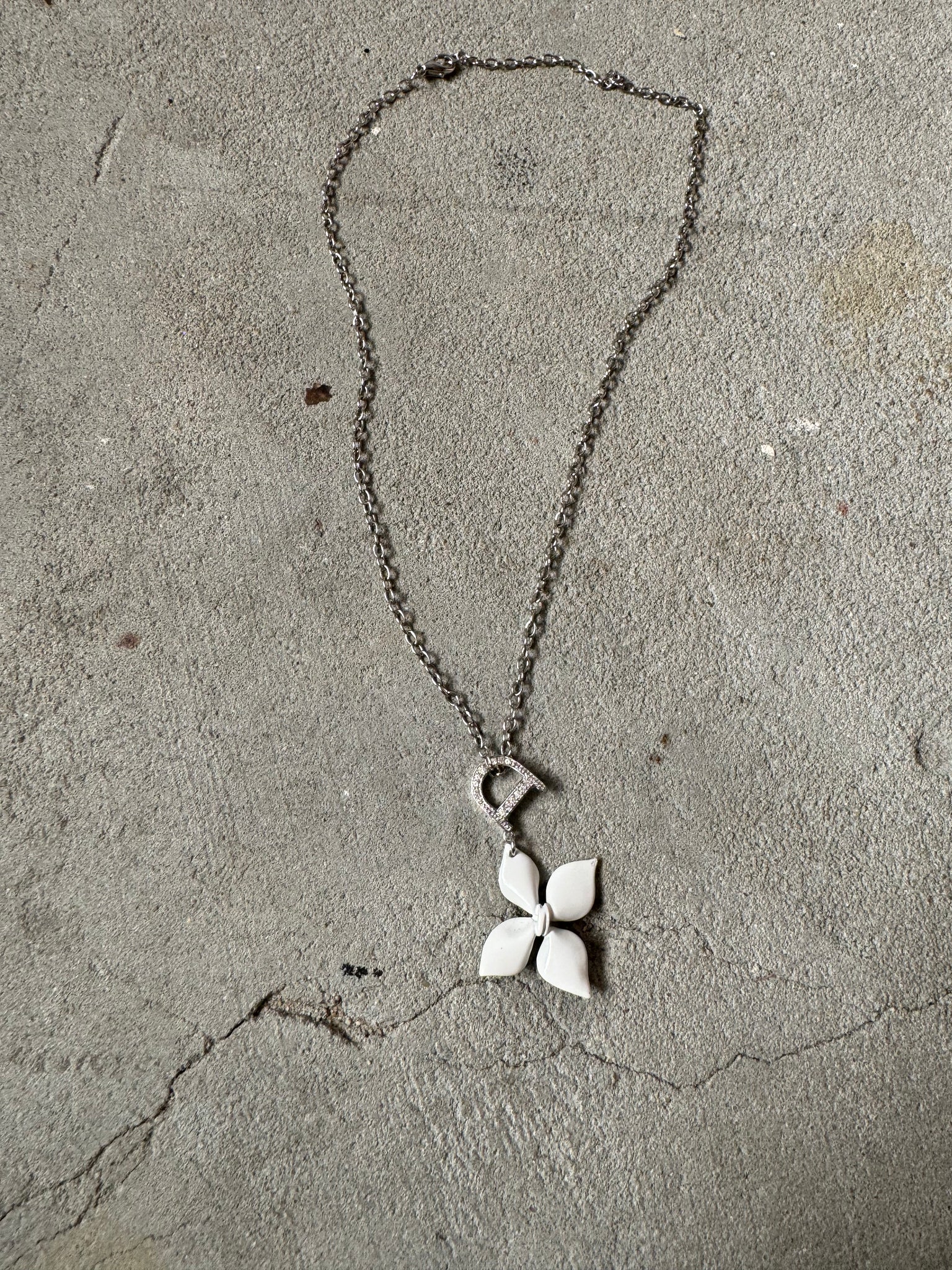 Dior Flower D Crystal Necklace Silver
