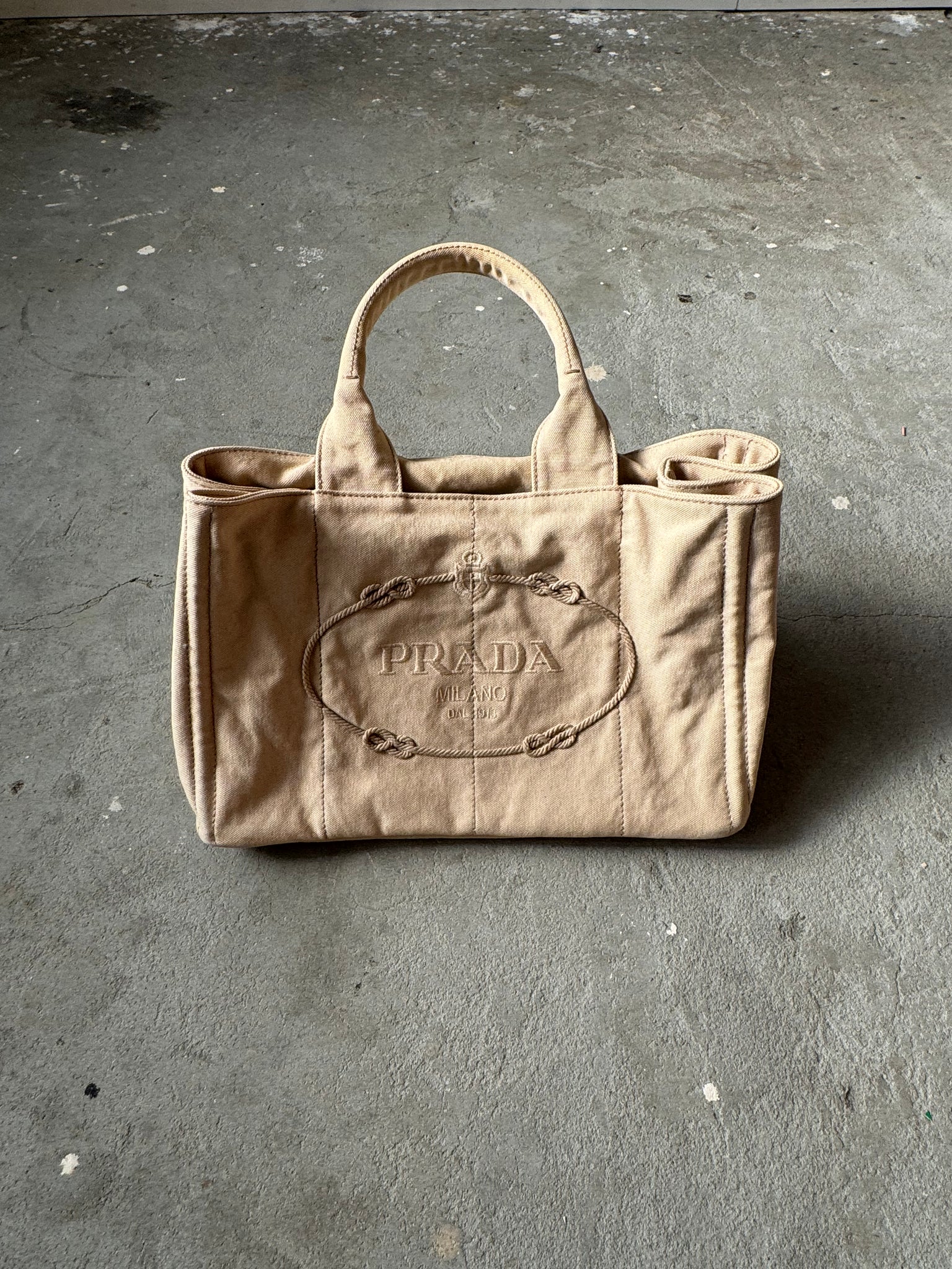 Prada Canapa Embroidered Logo Tote Bag Beige