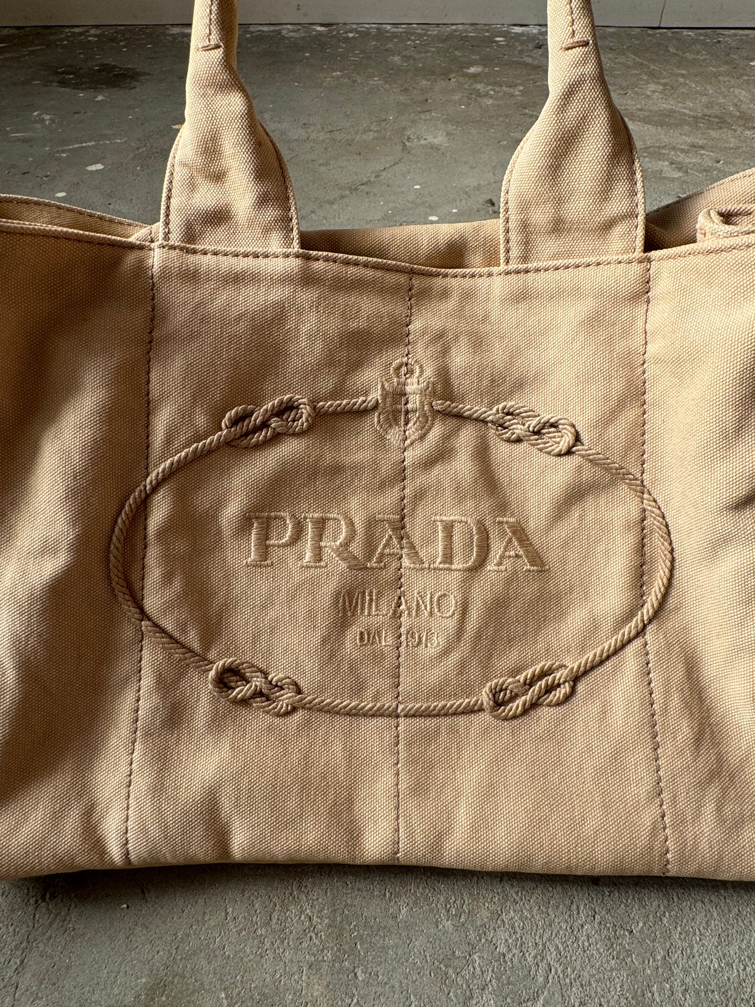 Prada Canapa Embroidered Logo Tote Bag Beige