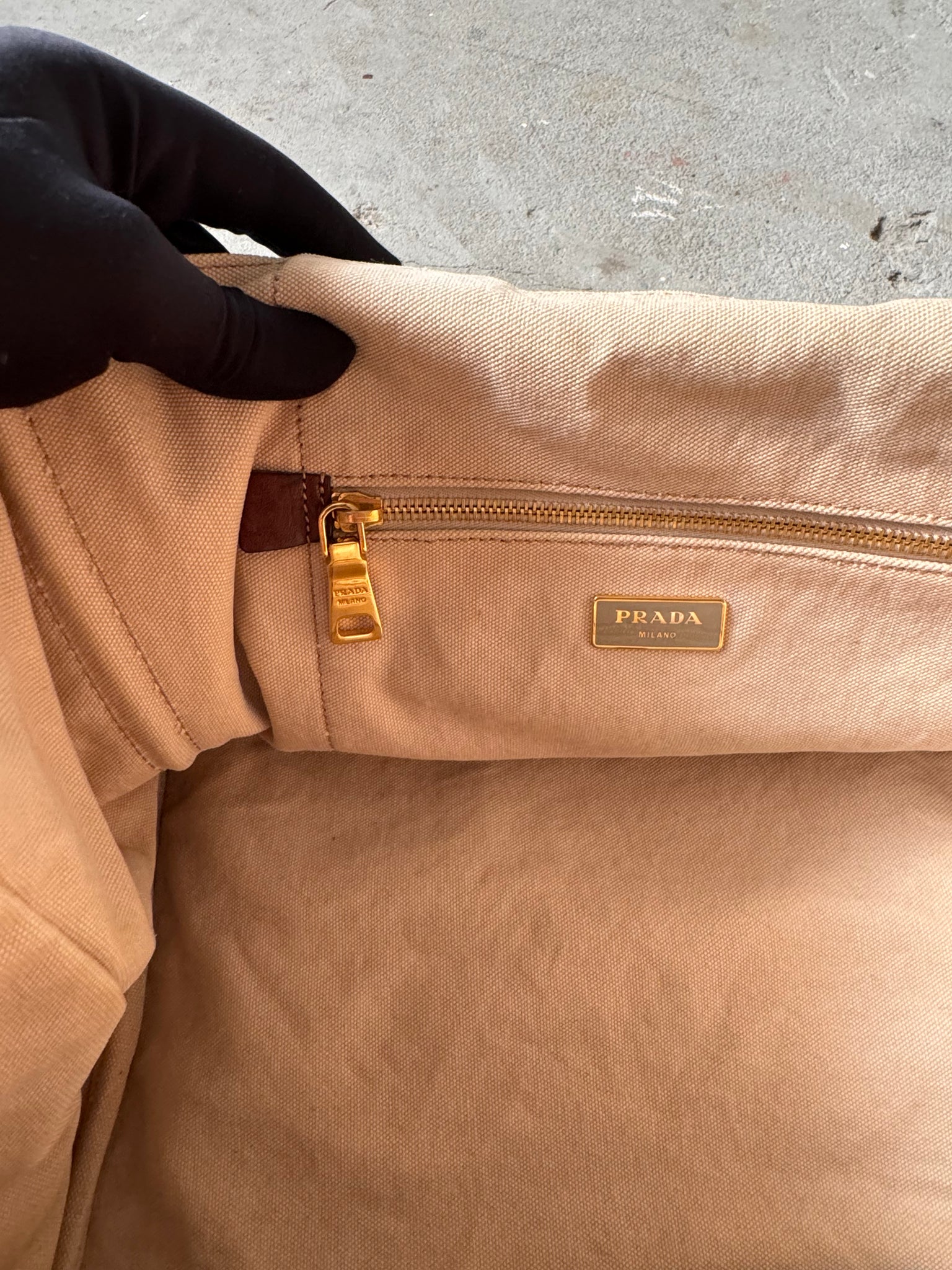 Prada Canapa Embroidered Logo Tote Bag Beige
