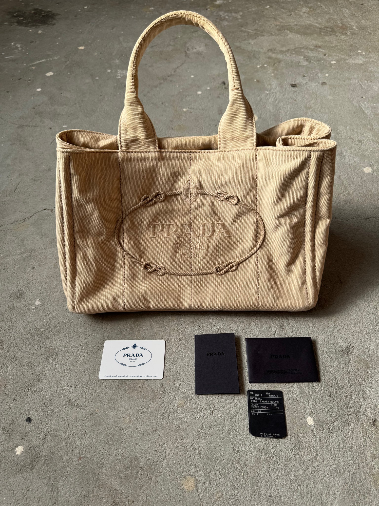 Prada Canapa Embroidered Logo Tote Bag Beige