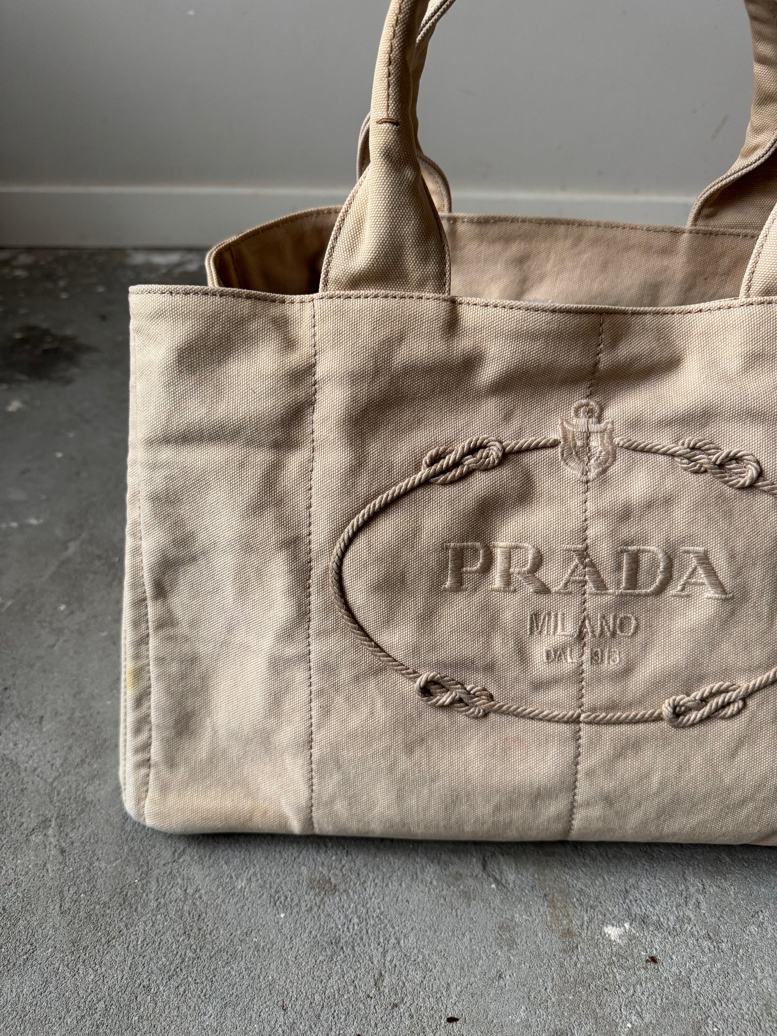 Prada Canapa Large Embroidered Logo Tote Bag Beige