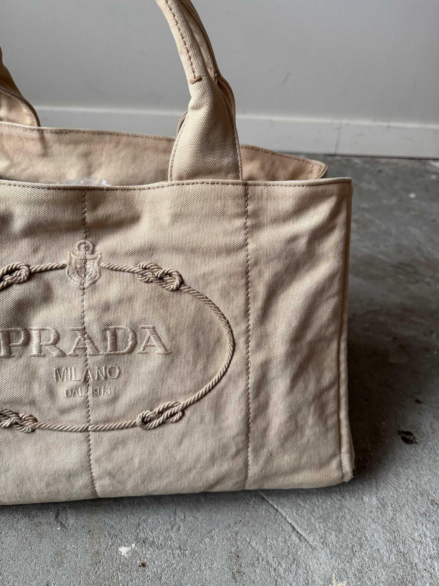 Prada Canapa Large Embroidered Logo Tote Bag Beige