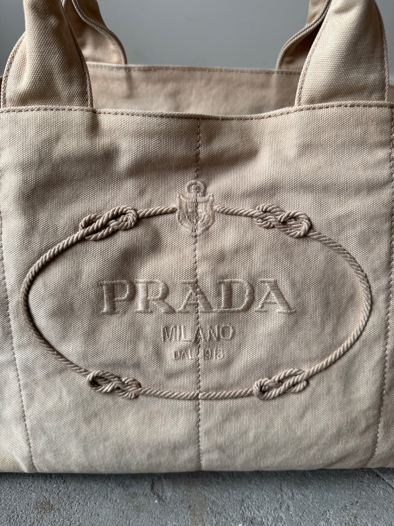 Prada Canapa Large Embroidered Logo Tote Bag Beige