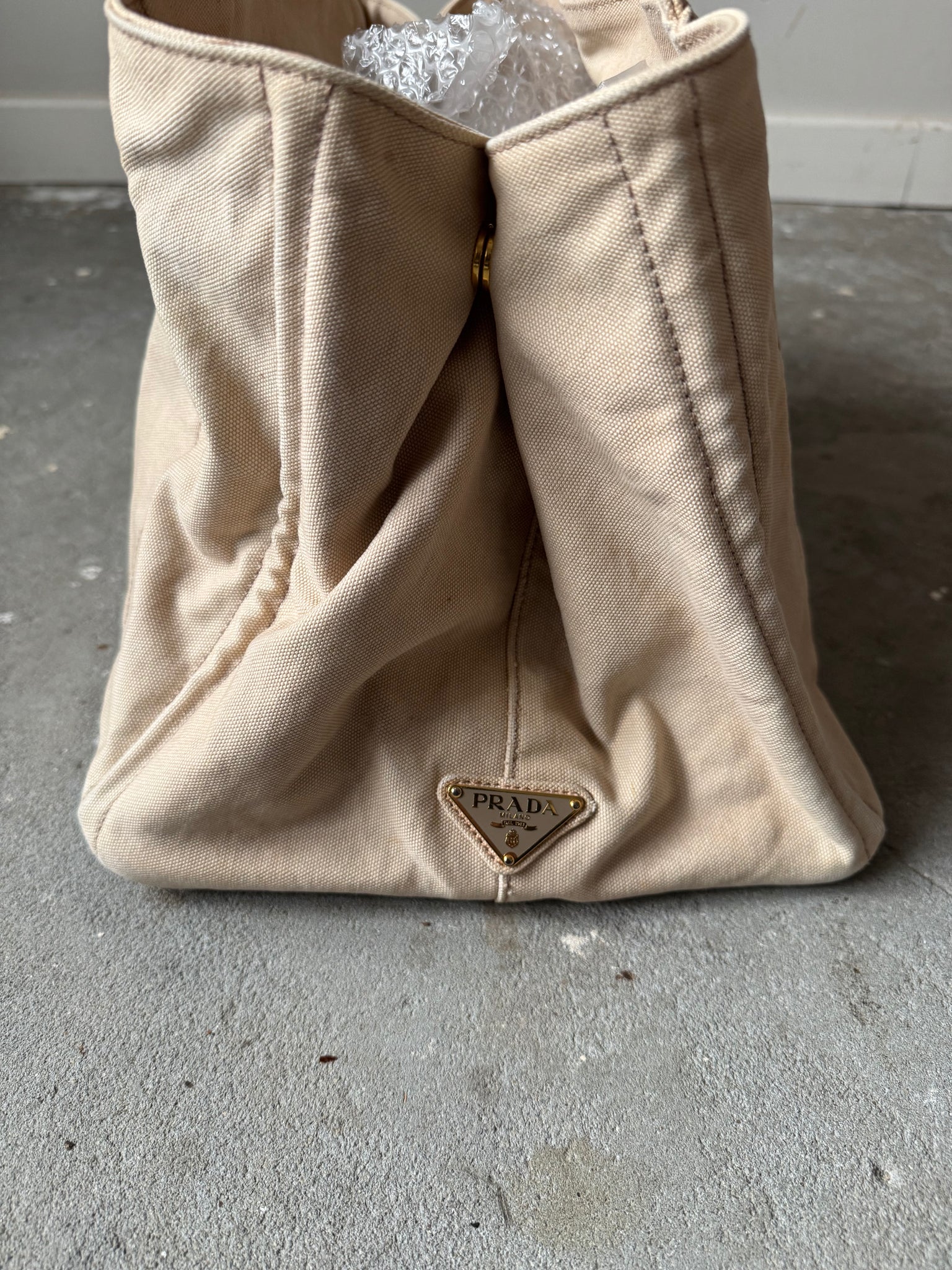 Prada Canapa Large Embroidered Logo Tote Bag Beige