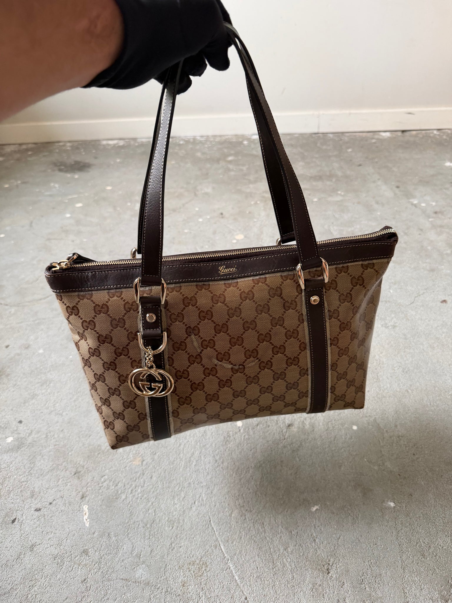 Gucci GG Monogram Crystal Abbey Shoulder Bag Beige/Brown