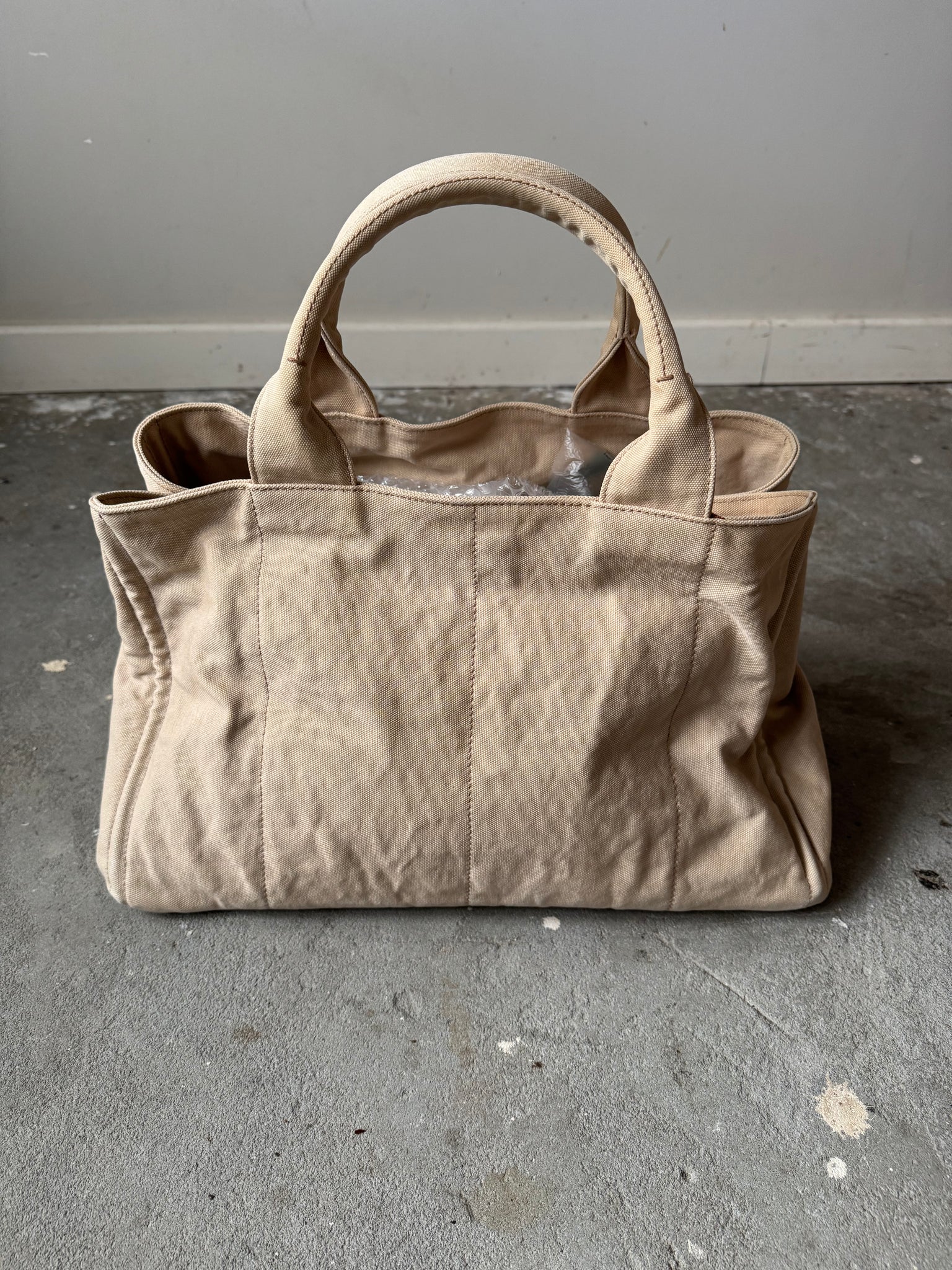 Prada Canapa Large Embroidered Logo Tote Bag Beige