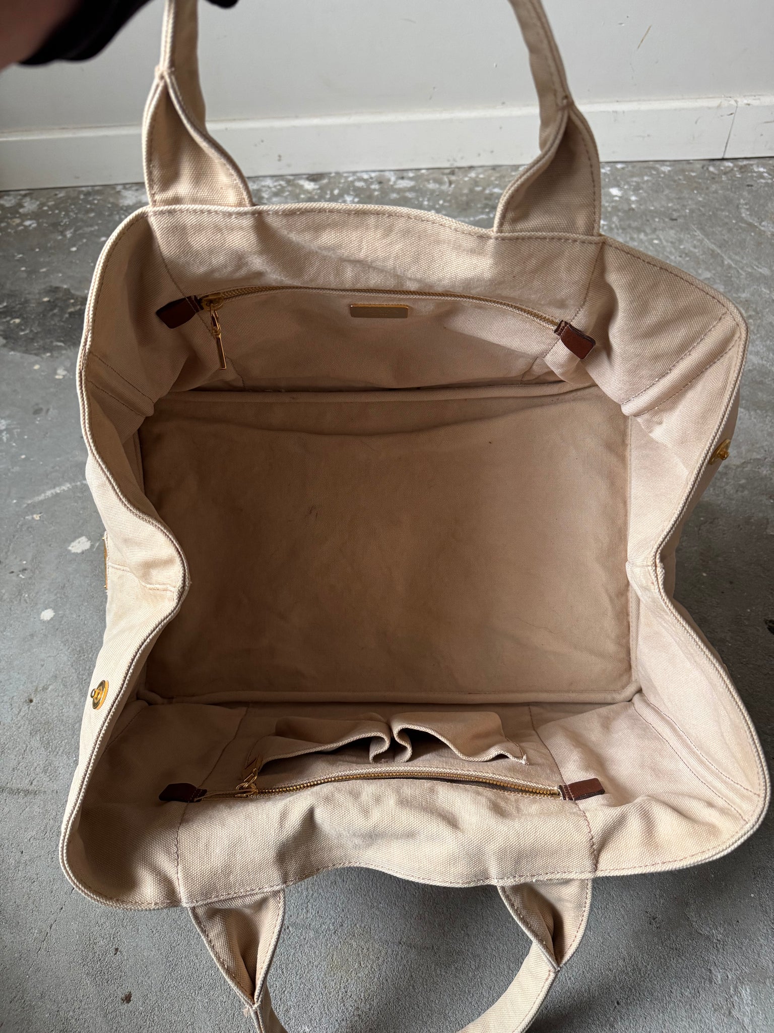 Prada Canapa Large Embroidered Logo Tote Bag Beige