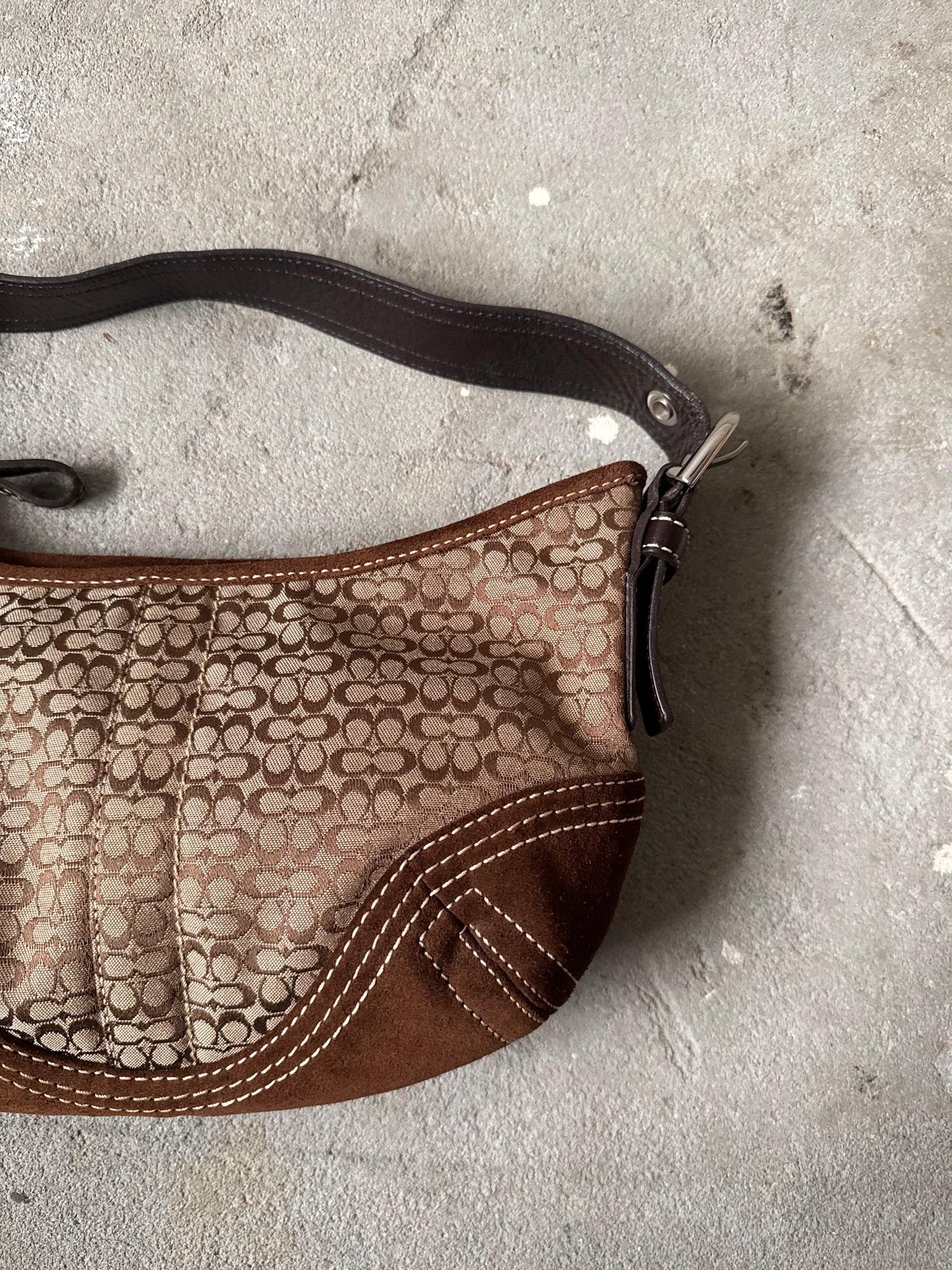 Coach Signature Suede Hobo Shoulder Bag Beige/Brown