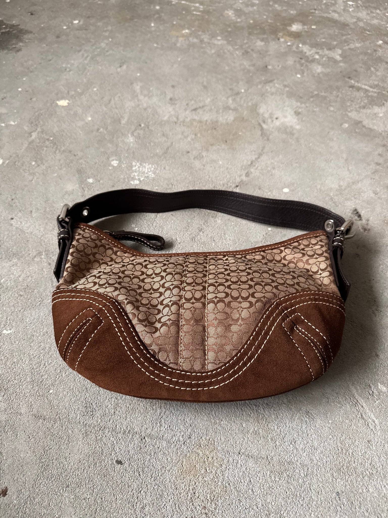 Coach Signature Suede Hobo Shoulder Bag Beige/Brown