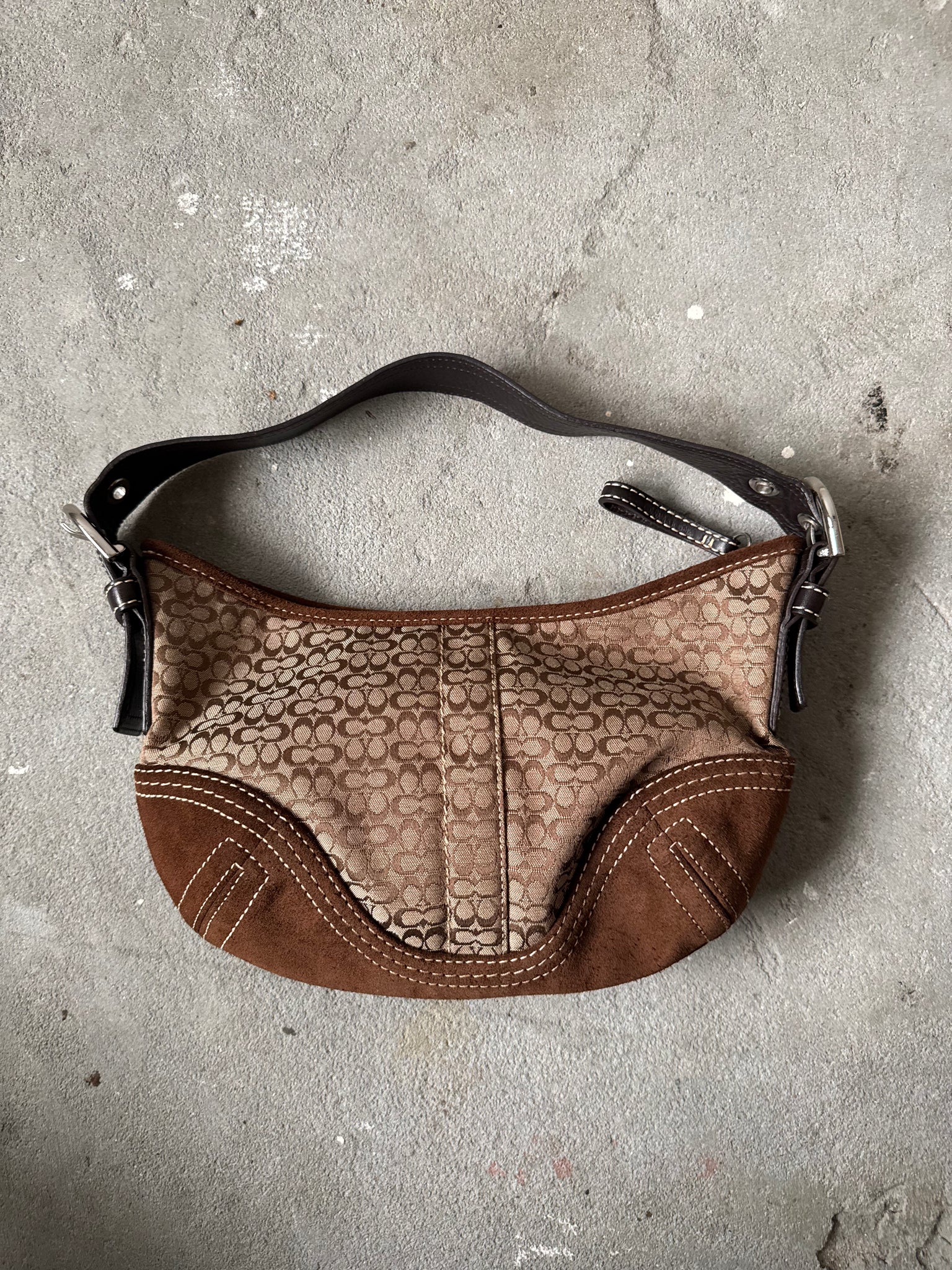 Coach Signature Suede Hobo Shoulder Bag Beige/Brown