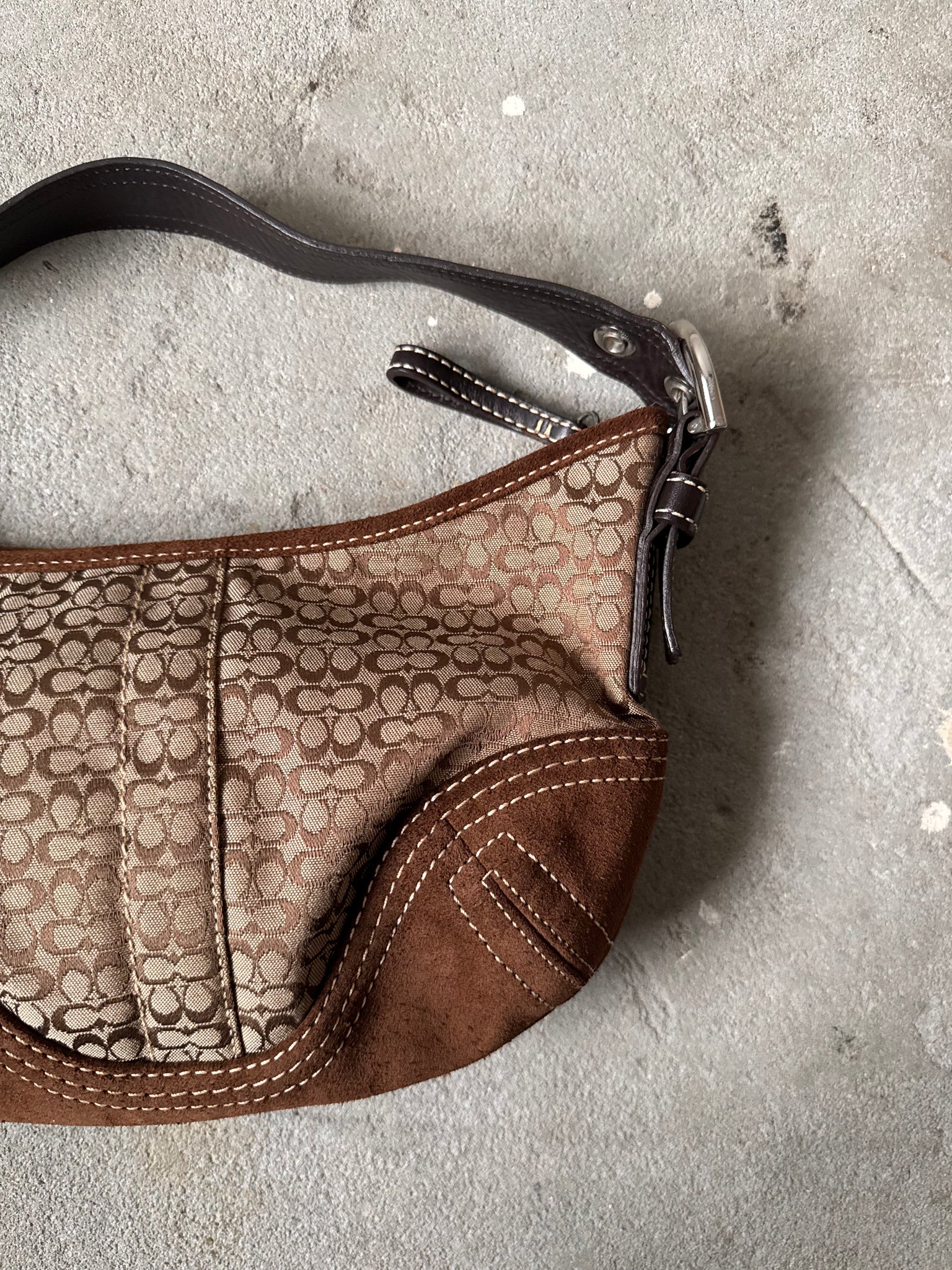 Coach Signature Suede Hobo Shoulder Bag Beige/Brown