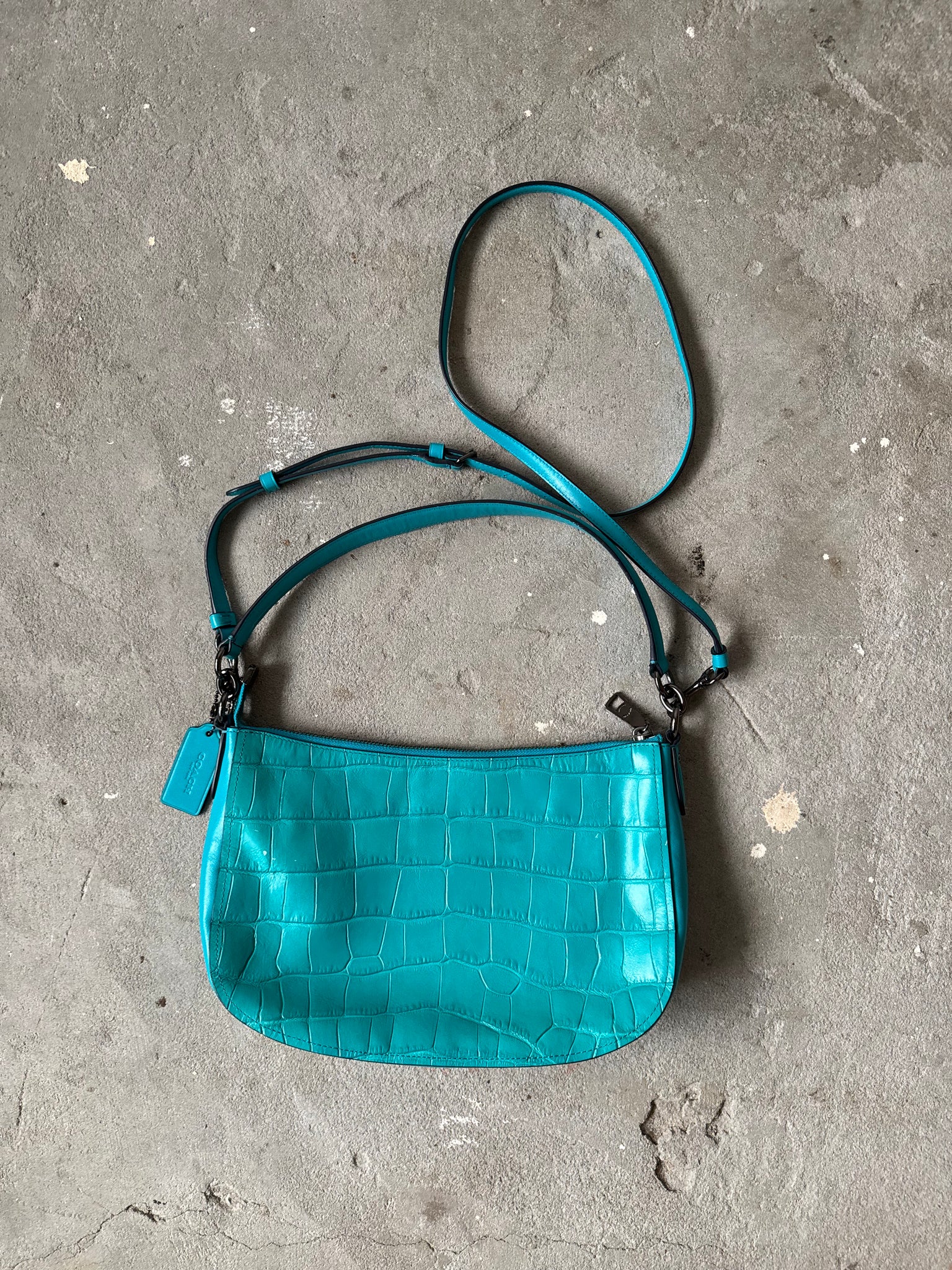 Coach 2Way Chelsea Croc Embossed Leather Shoulder Bag Aqua